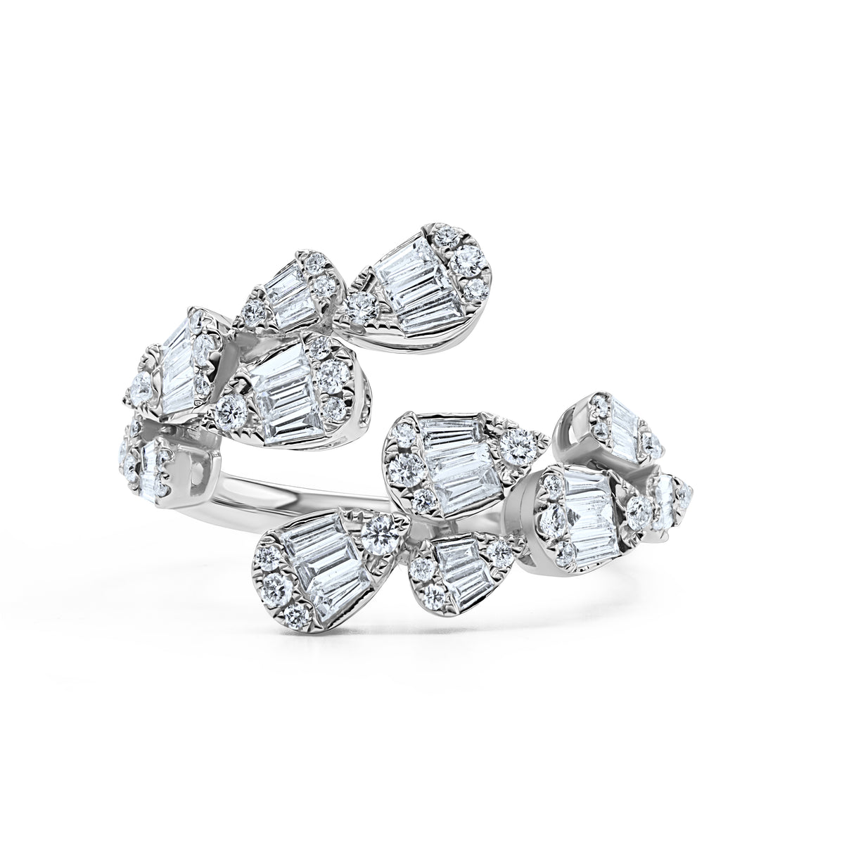 14K gold double petal ring featuring 30 baguette diamonds and 42 round diamonds totaling 0.88 CTW in a sculptural floral design.
