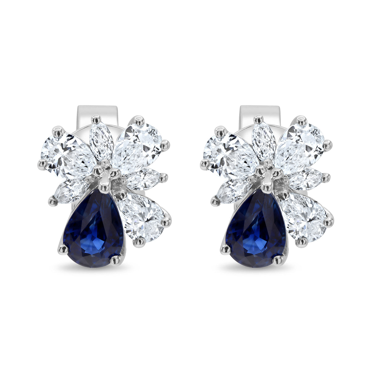 14K gold drop stud earrings with blue sapphires accented by marquise and pear-shaped diamonds.