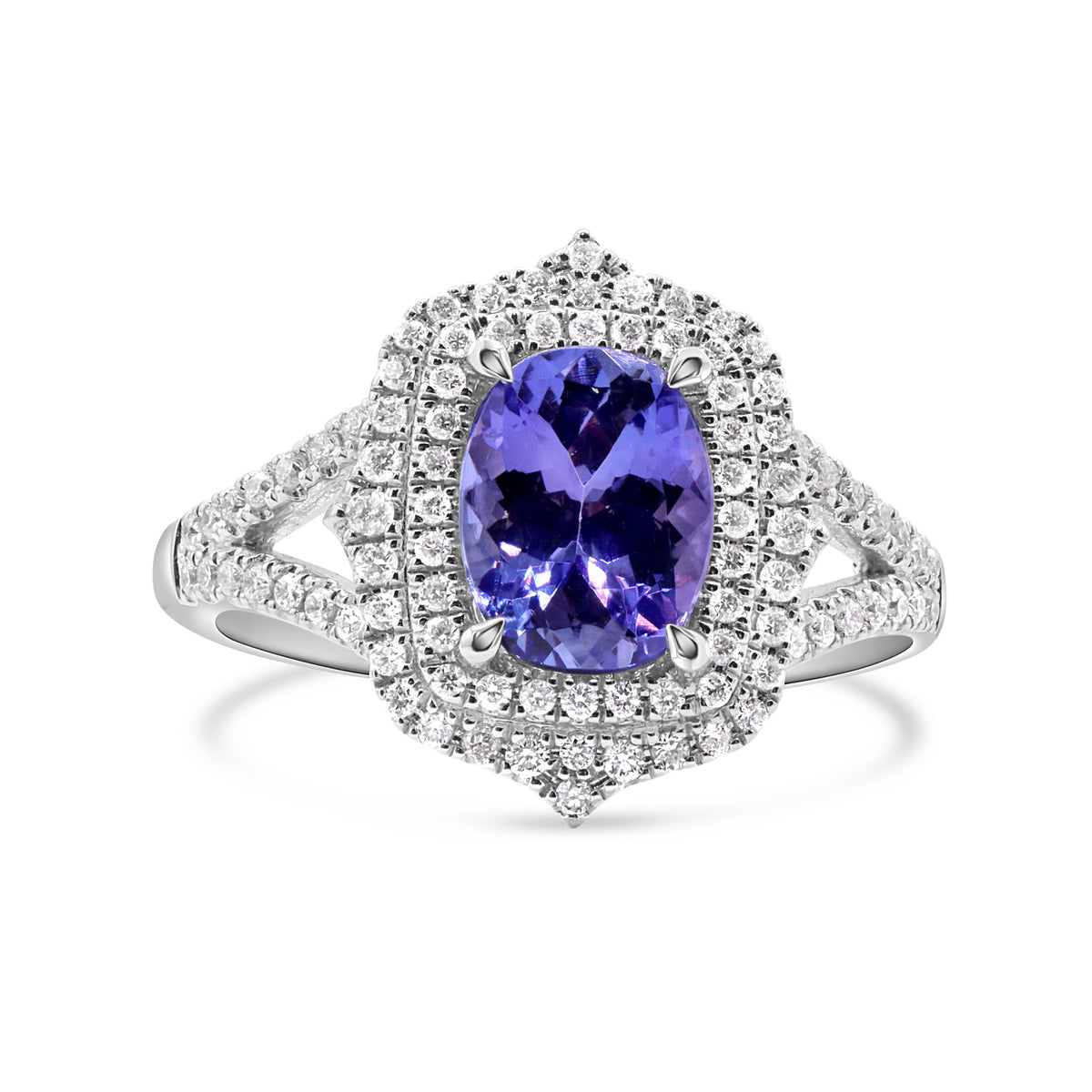 14K gold double halo ring featuring one tanzanite totaling 1.67 CTW and 90 round diamonds totaling 0.33 CTW.