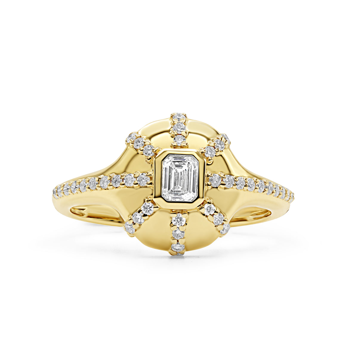 14K gold starburst ring featuring a central emerald-cut diamond surrounded by six rows of round diamonds totaling 0.41 CTW.
