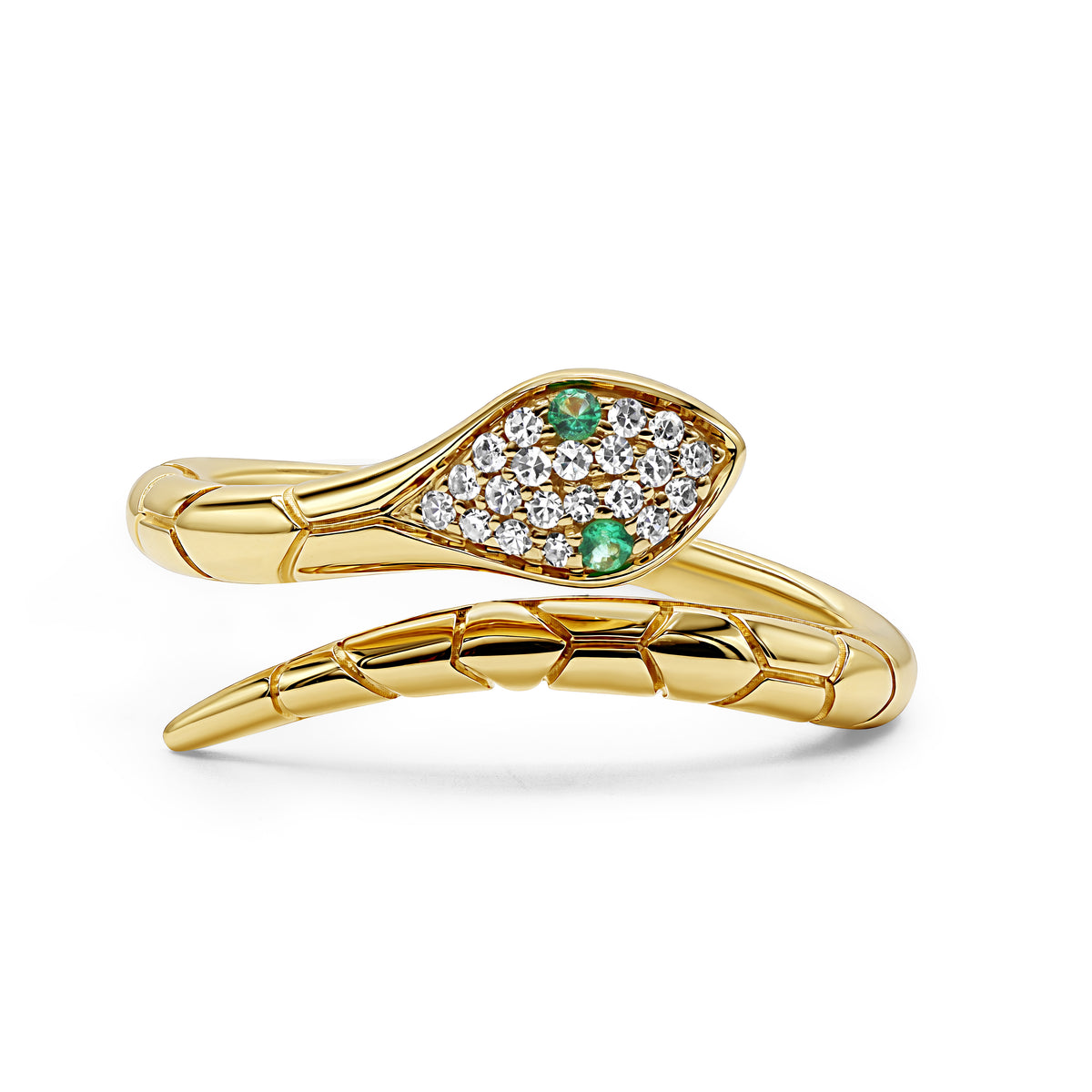 14K gold snake ring featuring 20 round diamonds and 2 green emeralds as eyes in a sculptural design.