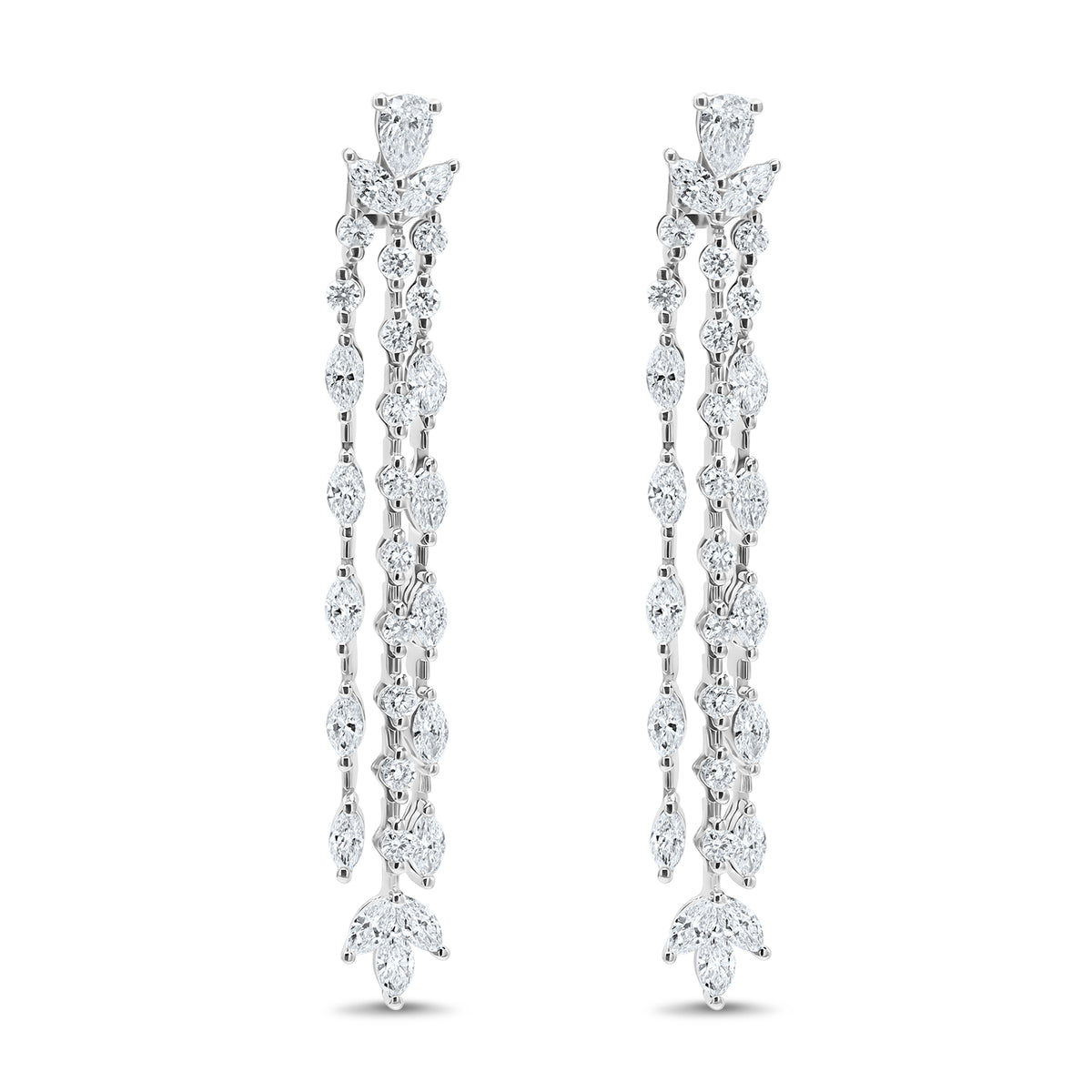 14K gold chandelier earrings featuring 30 marquise diamonds, 2 pear-shaped diamonds, and 26 round diamonds totaling 1.72 CTW.