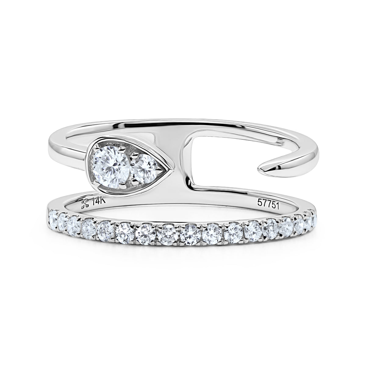14K gold open bypass ring featuring a pavé-set diamond band and two bezel-set round diamonds totaling 0.40 CTW.