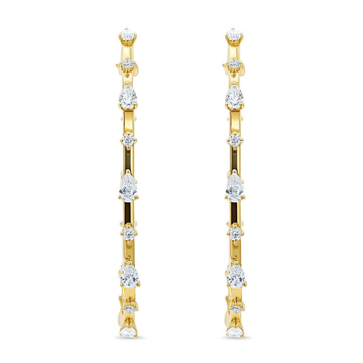 14K gold hoop earrings with alternating pear-shaped and round diamond accents.