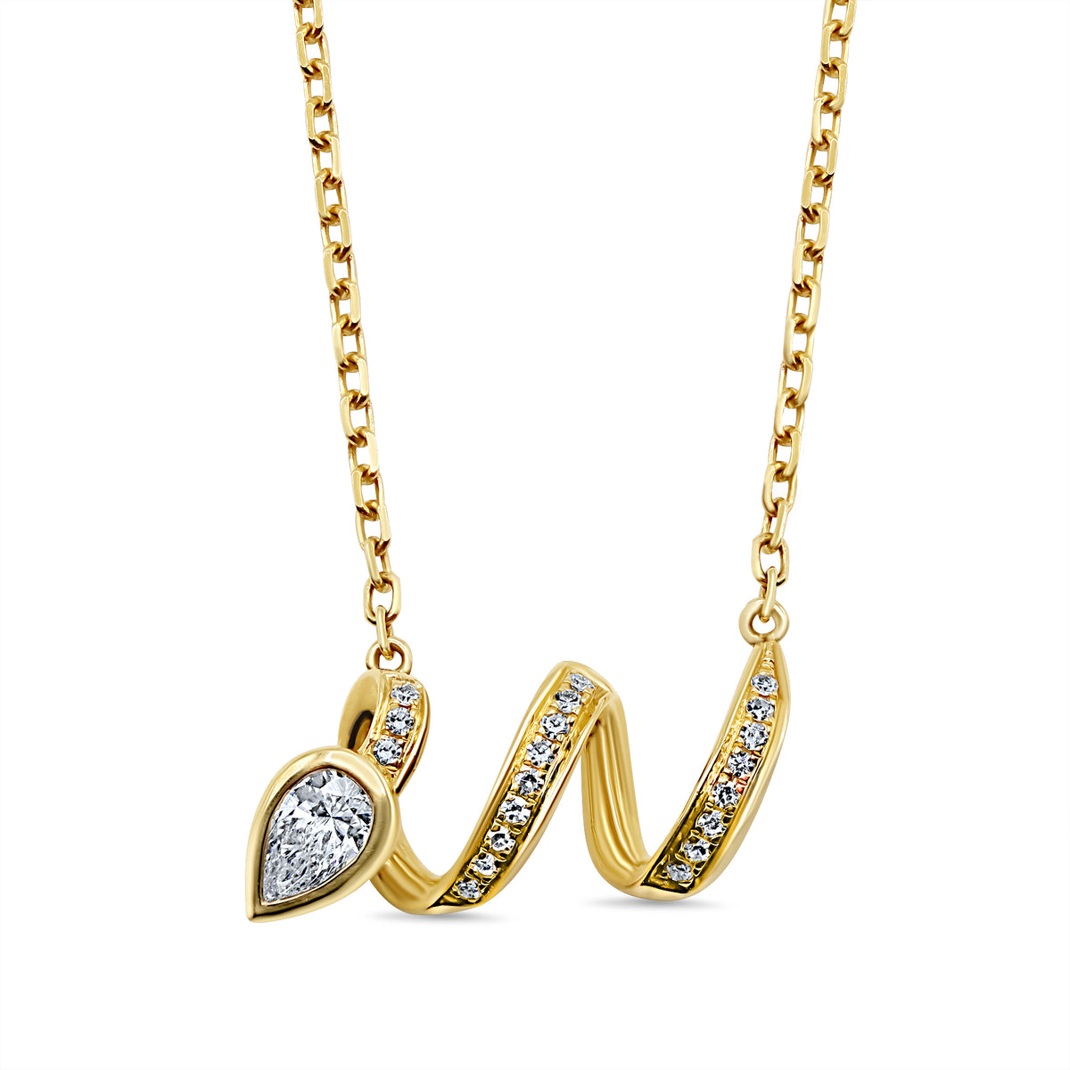 14K gold snake pendant with a pear-shaped diamond and round diamond accents.