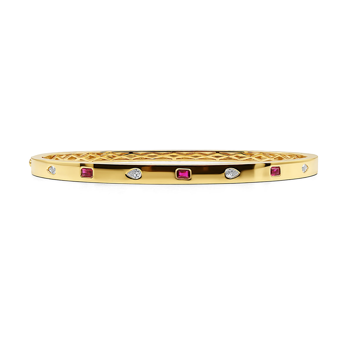 14K gold inlaid bangle featuring 3 rubies and 4 pear-shaped diamonds totaling 0.45 CTW.
