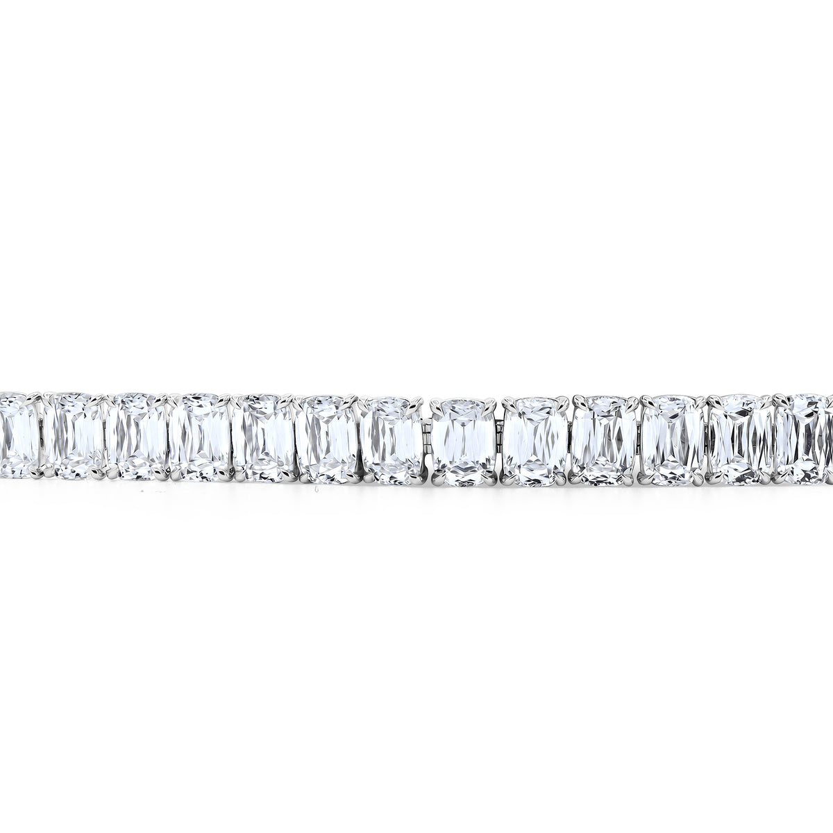 14K white gold tennis bracelet featuring 34 lab grown old mine cushion cut diamonds totaling 35.67 carats.