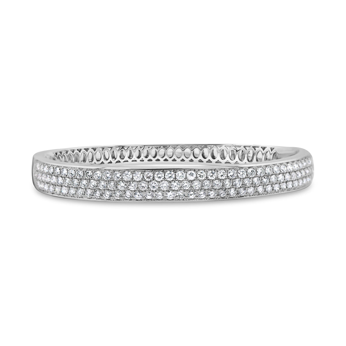 14K white gold multi-row pavé bangle featuring 3.46 carats of round brilliant diamonds with strategically placed oval diamonds.