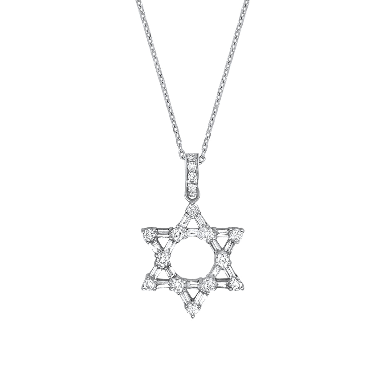 14K white gold Star of David pendant necklace featuring baguette and round diamonds totaling 0.34 CTW.