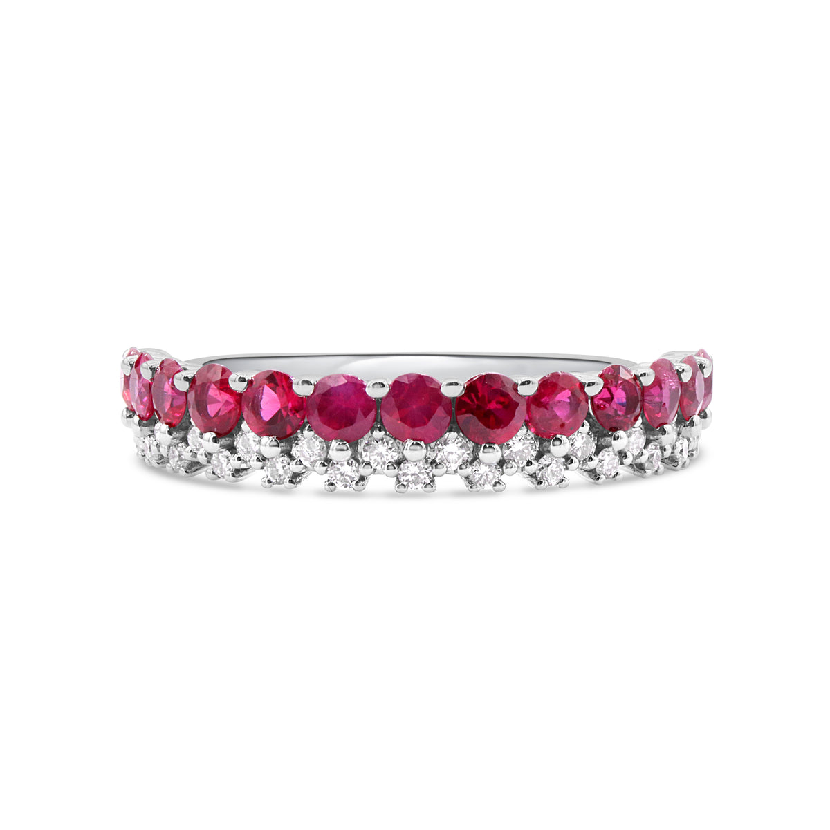 14K white gold two row ring featuring 13 rubies totaling 0.84 carats and 27 round diamonds totaling 0.19 carats.