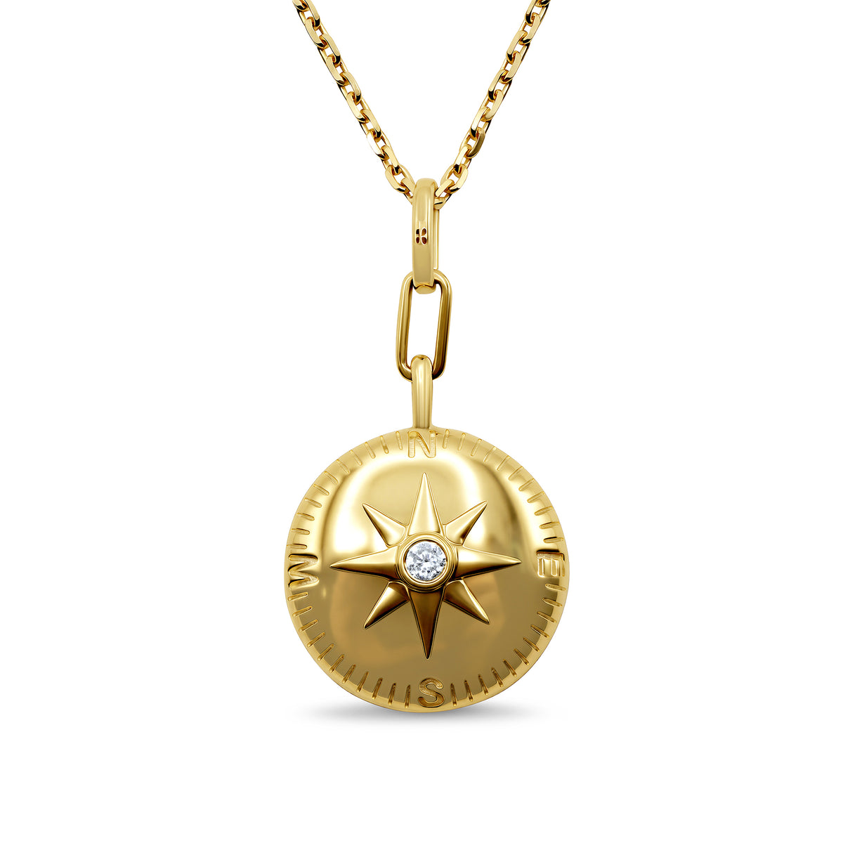 14K yellow gold compass necklace with a sparkling round diamond center.