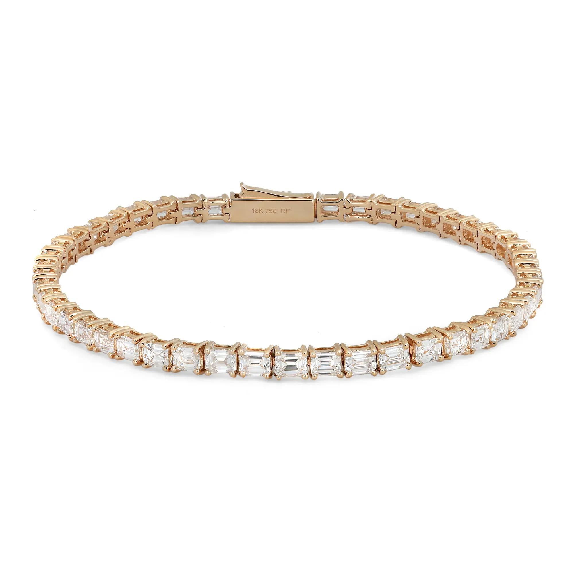 18K Yellow East West Emerald Cut Diamond Tennis Bracelet