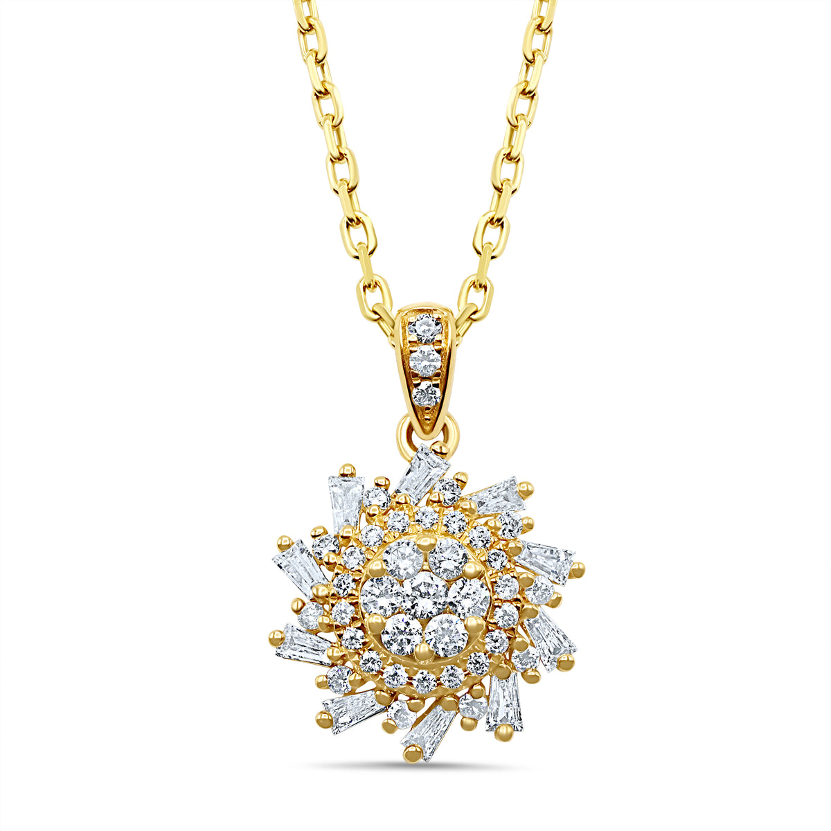 18K gold sun pendant with baguette and round diamond accents in a radiant sunburst motif.