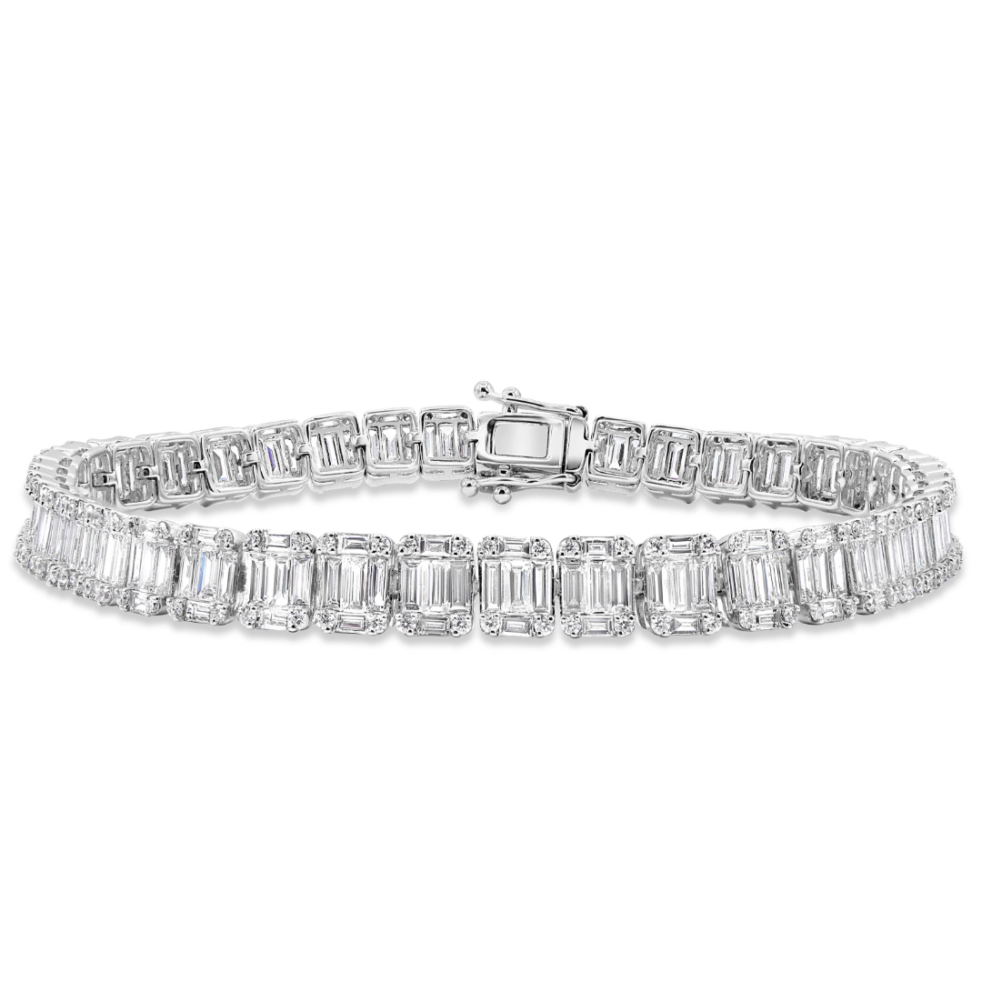 18K gold 7-inch illusion bracelet featuring 210 baguette diamonds totaling 5.31 CTW and 169 round diamonds totaling 0.84 CTW.