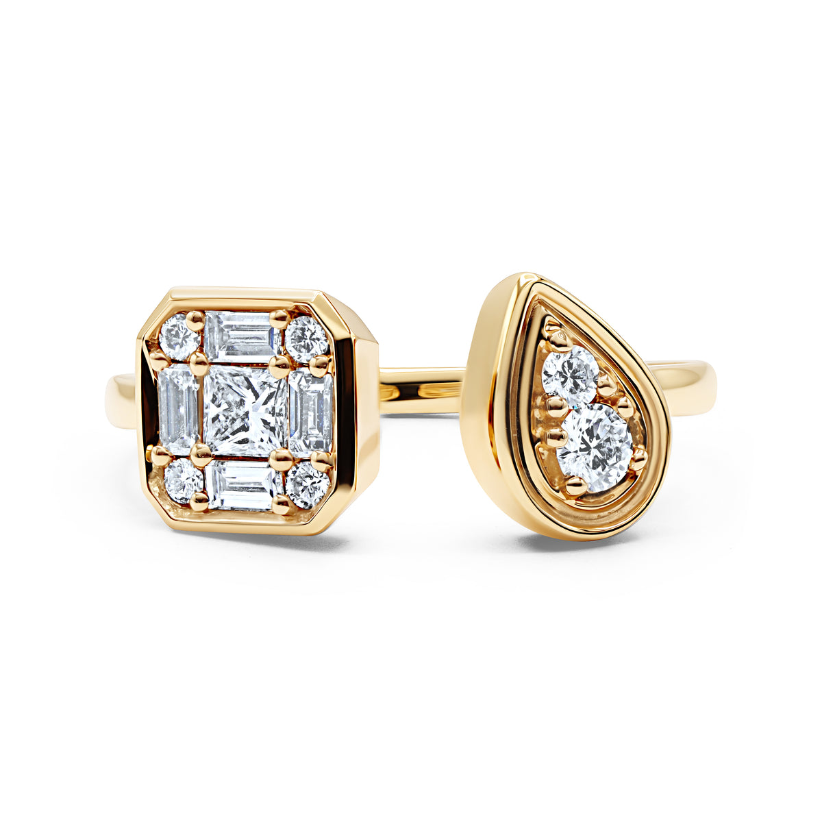 18K gold illusion moi et toi ring featuring a pear diamond paired with a square-inspired emerald design, accented by baguette and round diamonds totaling 0.42 CTW.