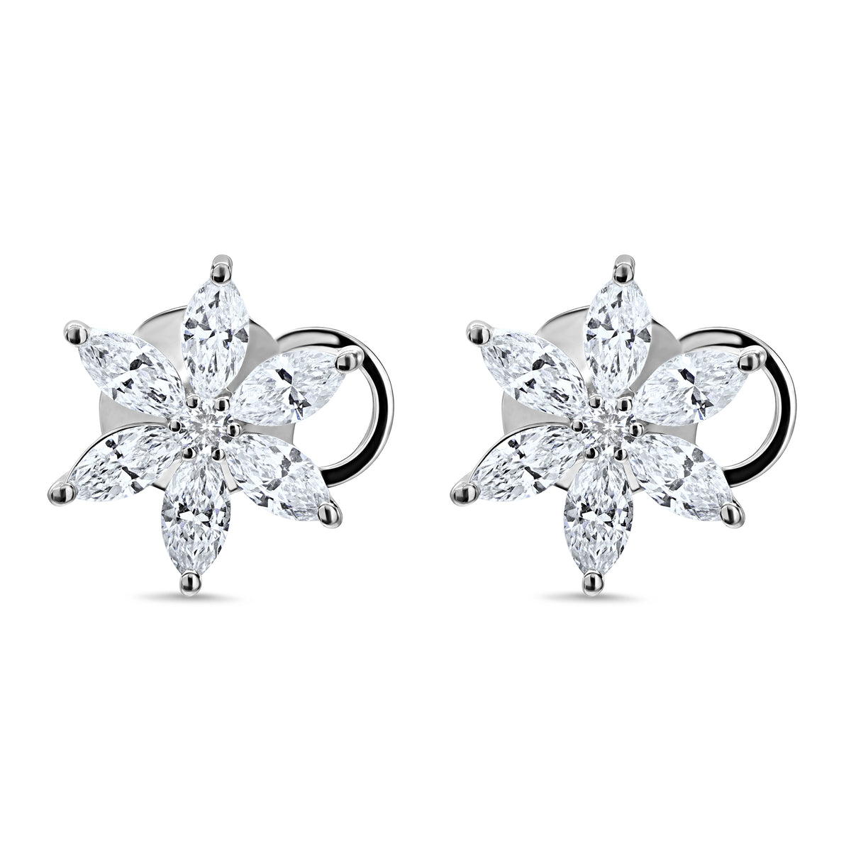 18K gold marquise diamond flower stud earrings featuring 12 marquise diamonds and round diamond accents in a delicate floral design.
