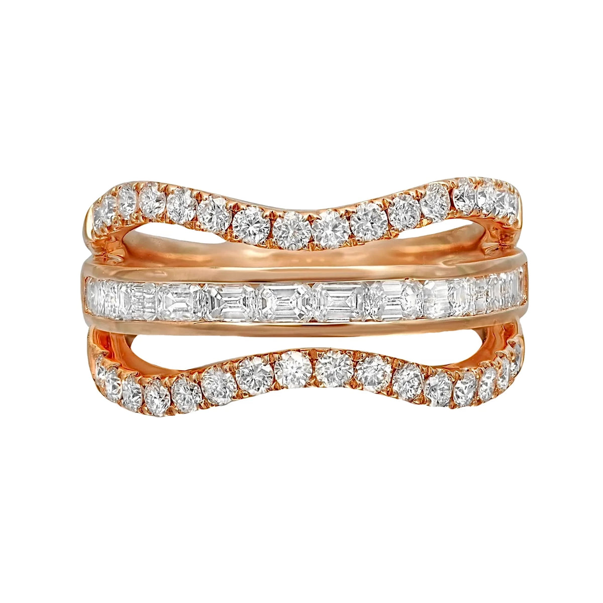 18K rose gold diamond wave ring with alternating emerald and round cut diamonds in a sleek, fluid silhouette.