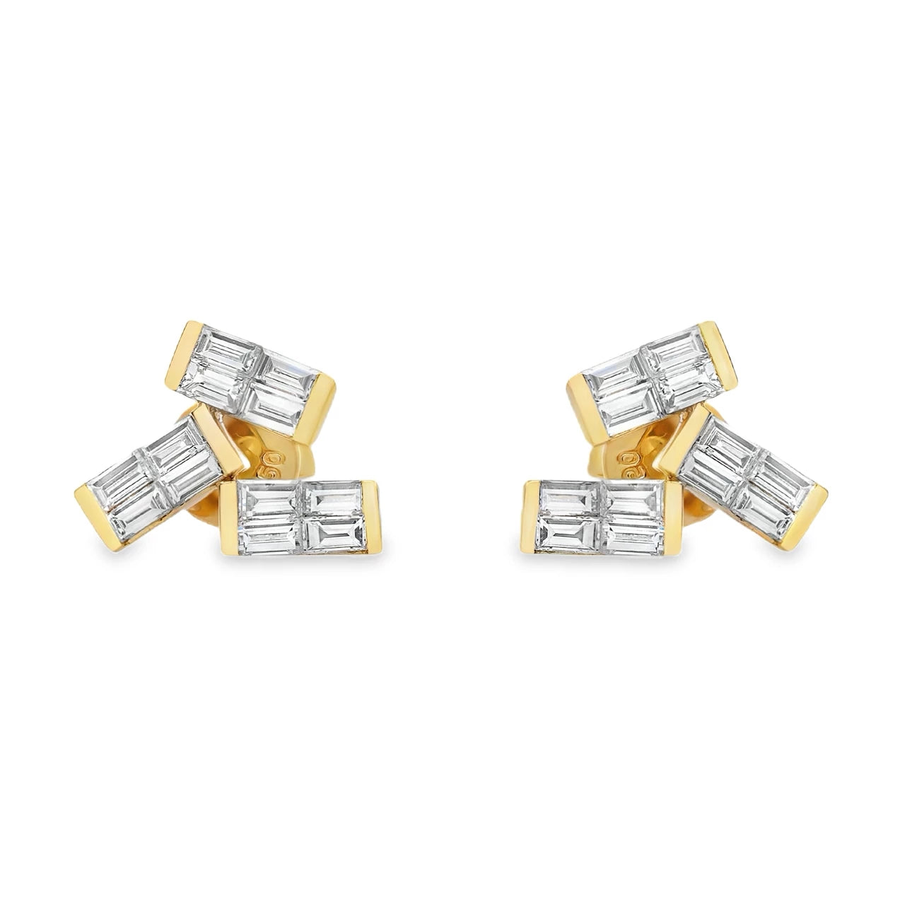 18K stacked baguette diamond earrings featuring yellow and white gold with baguette diamonds in a modern layered design.