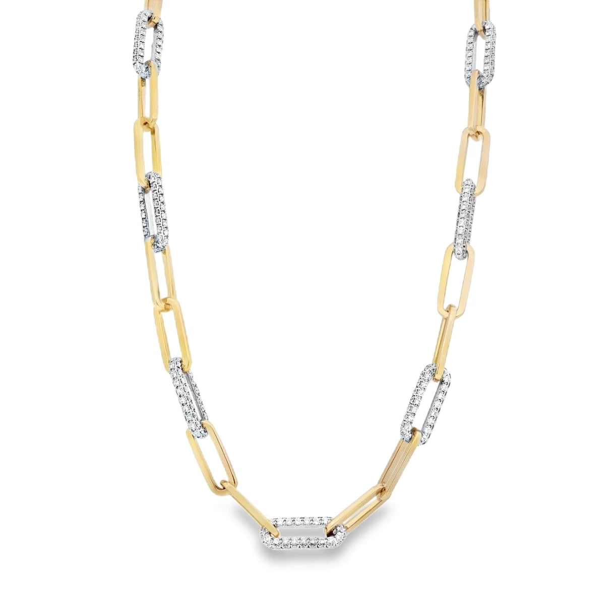 Luxury two-tone diamond paperclip necklace showcasing alternating gold links and brilliant diamond accents.
