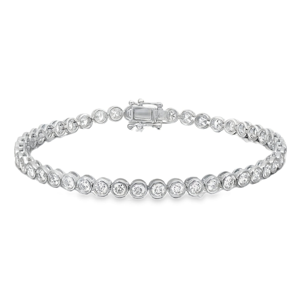 18K white gold bracelet featuring 4.00 carats of G-H color SI clarity round diamonds in a classic bezel setting.