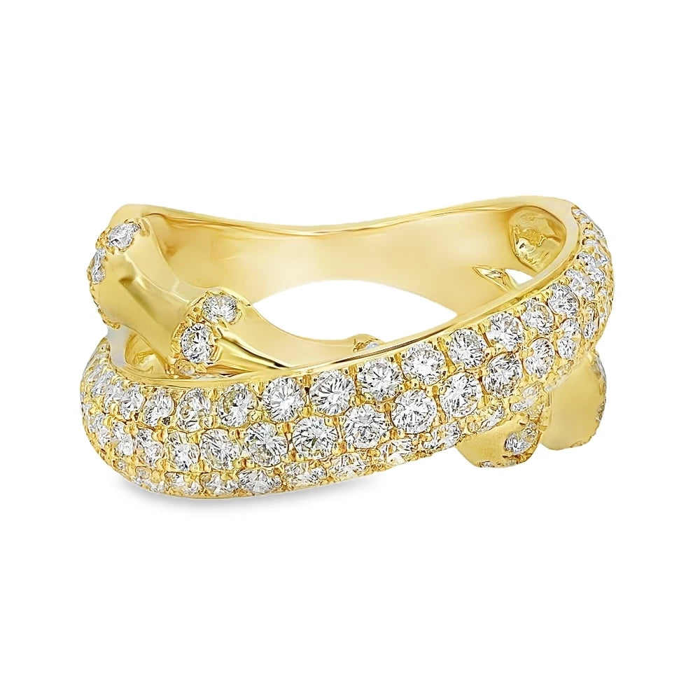 18K yellow gold bamboo crossover ring featuring approximately 1.70 carats of G-H color SI clarity diamonds in a pavé setting.
