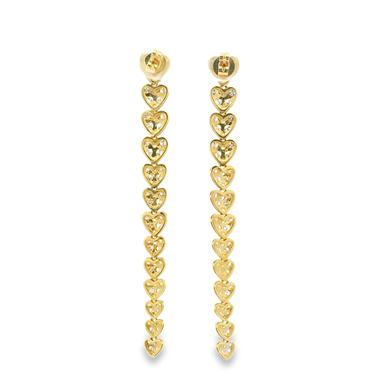 18K yellow gold drop earrings featuring heart-shaped diamonds with 4.00 carats total weight in an elegant romantic design.