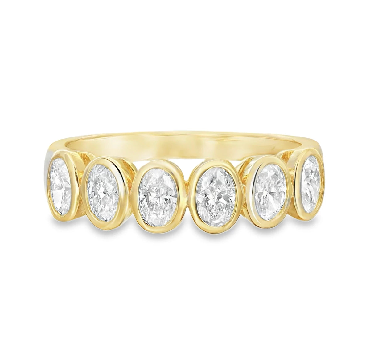 18K yellow gold oval diamond ring featuring approximately 0.83 carats of G-H color SI clarity diamonds in a bezel setting.