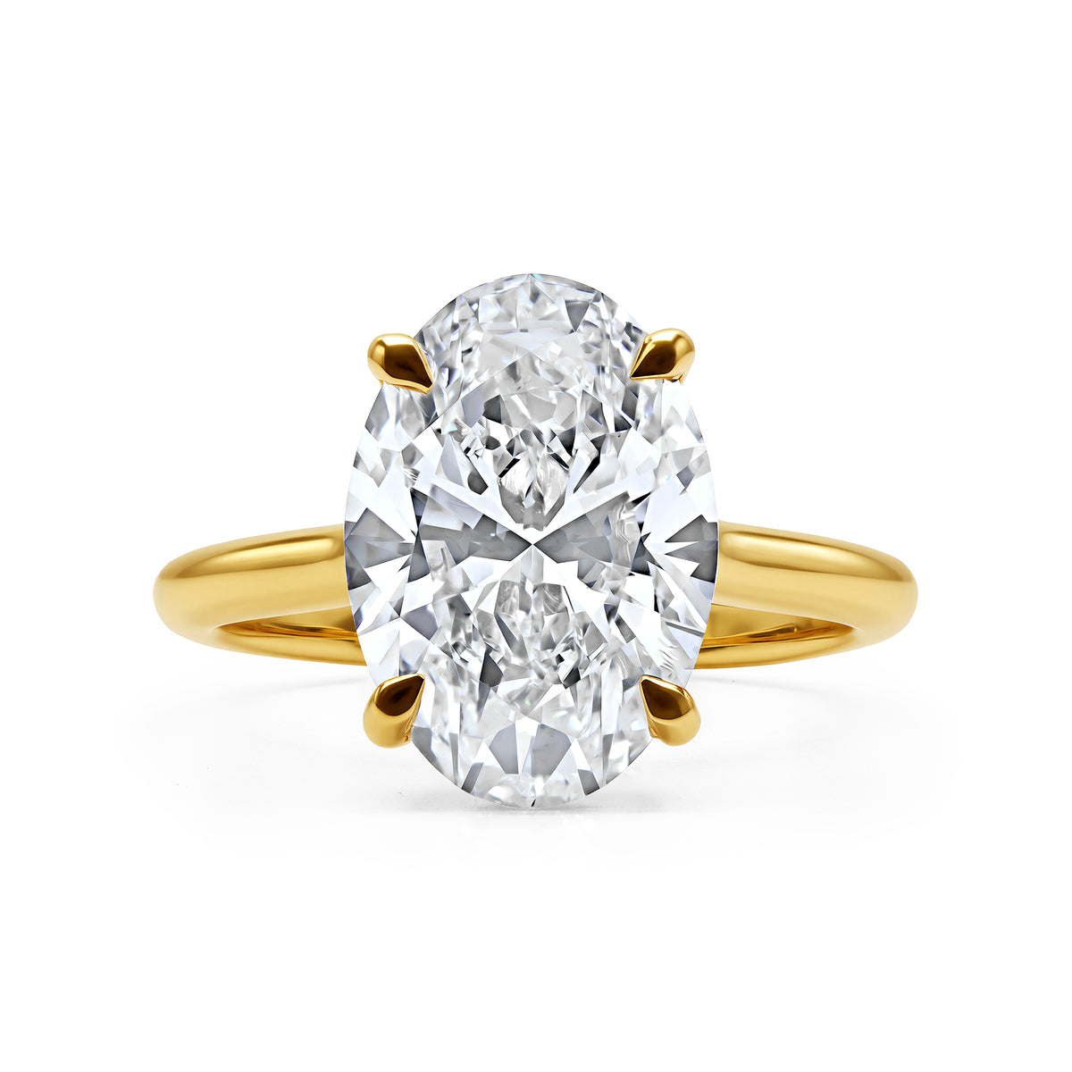 18K yellow gold oval solitaire ring featuring a hidden halo of 22 round E VS1 diamonds totaling 0.12 carats.