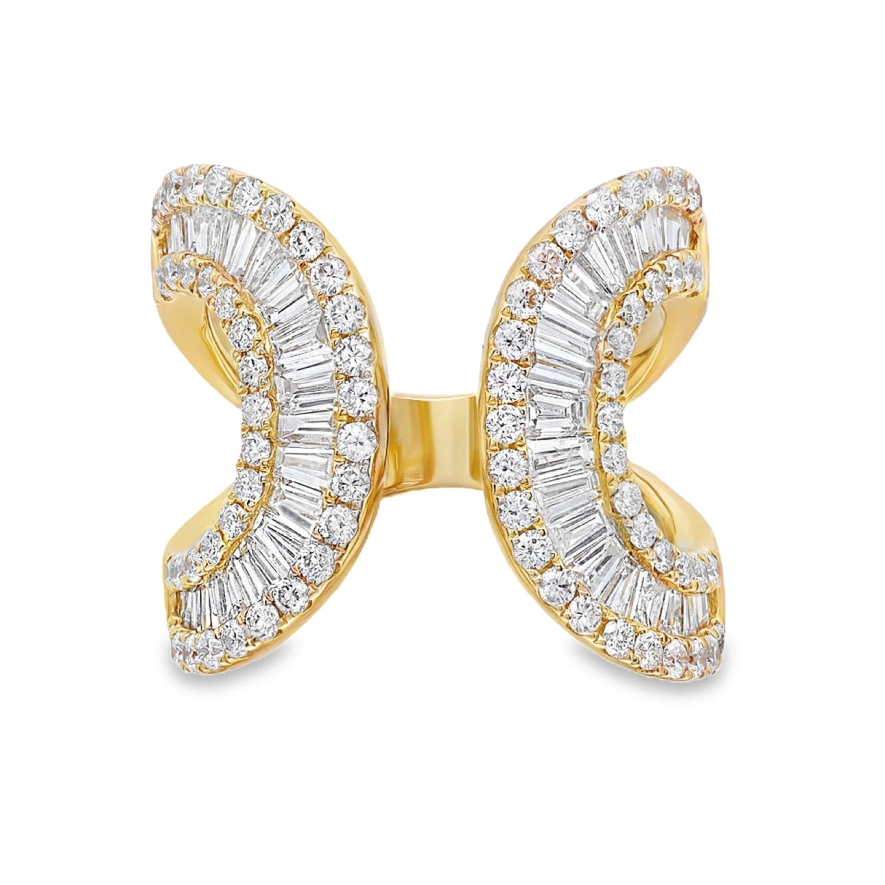 Bold statement ring showcasing mixed-cut round and baguette diamonds in a sophisticated sculptural setting.
