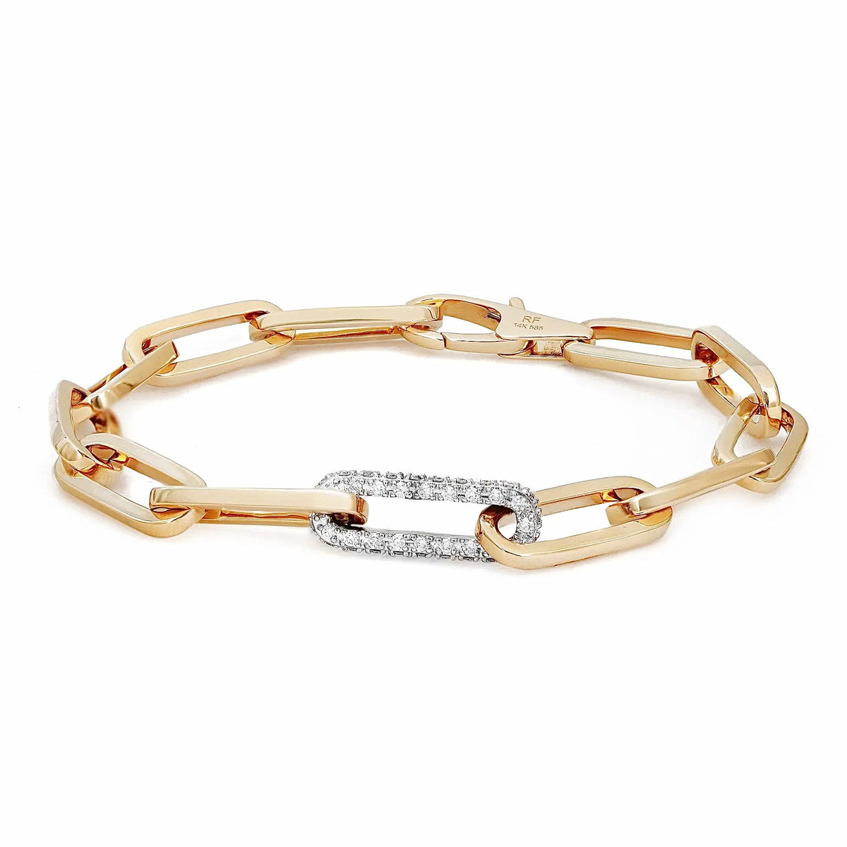 18K yellow gold single link diamond bracelet featuring approximately 0.45 carats of G-H color SI clarity diamonds.