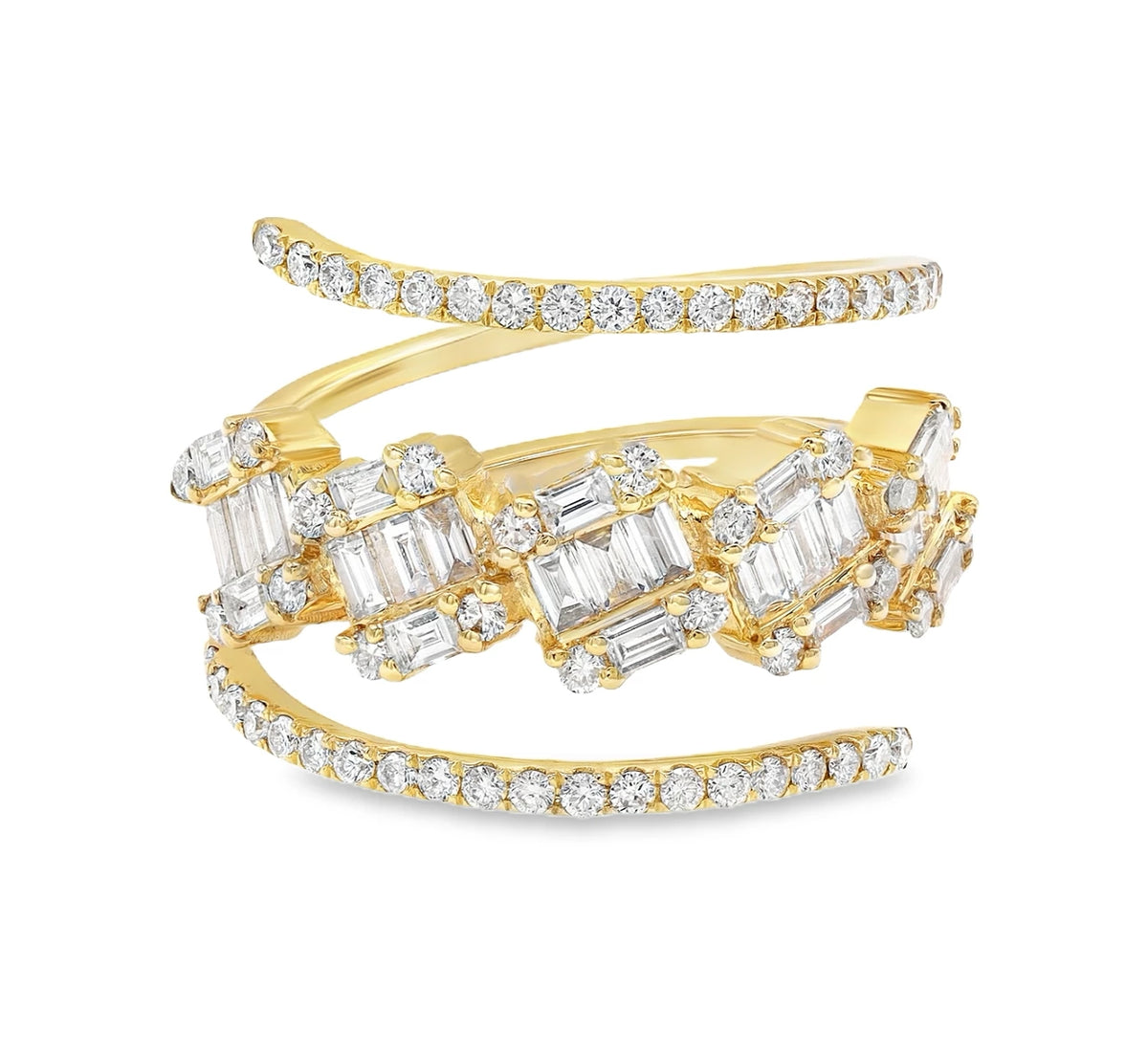 18K yellow gold stacked diamond ring featuring approximately 1.30 carats of G-H color VS-SI clarity diamonds.