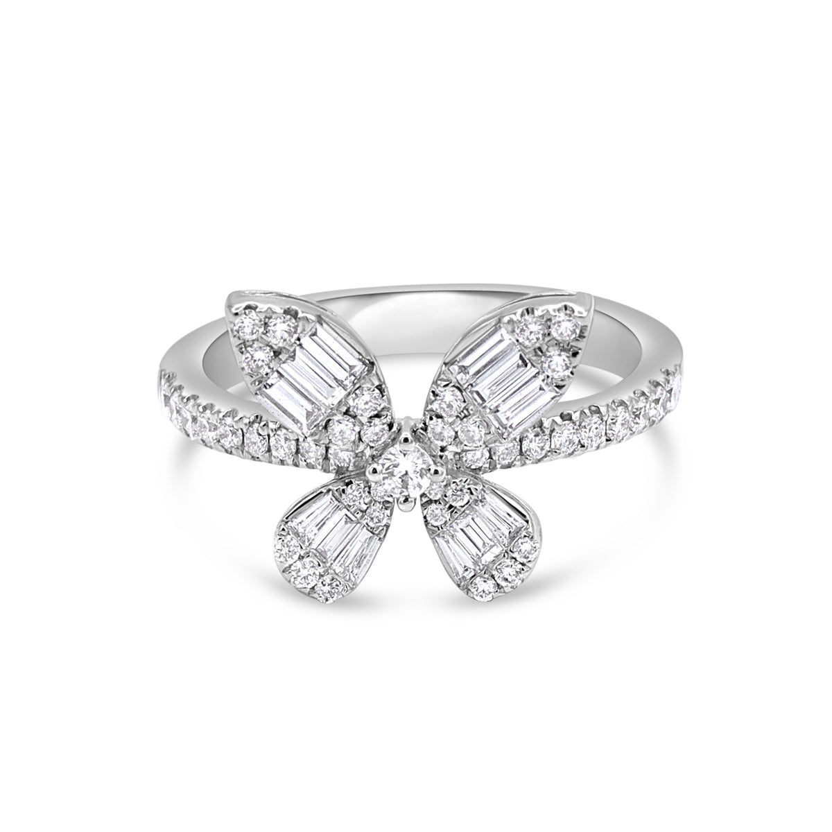 A white gold ring designed in the shape of a butterfly, with round and baguette cut diamonds covering the top.