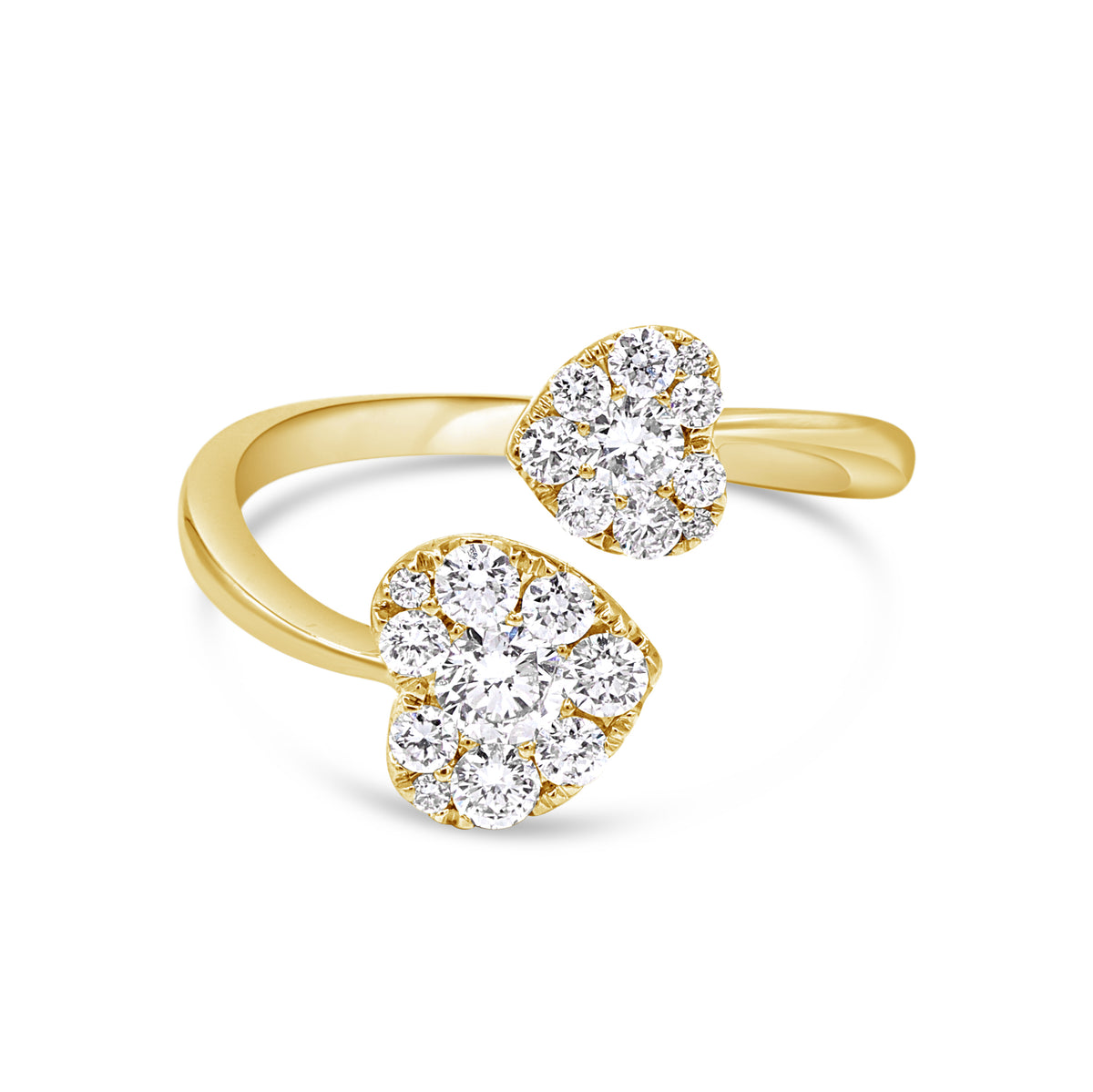 A yellow gold ring with two heart-shaped main stones, surrounded by smaller round stones.