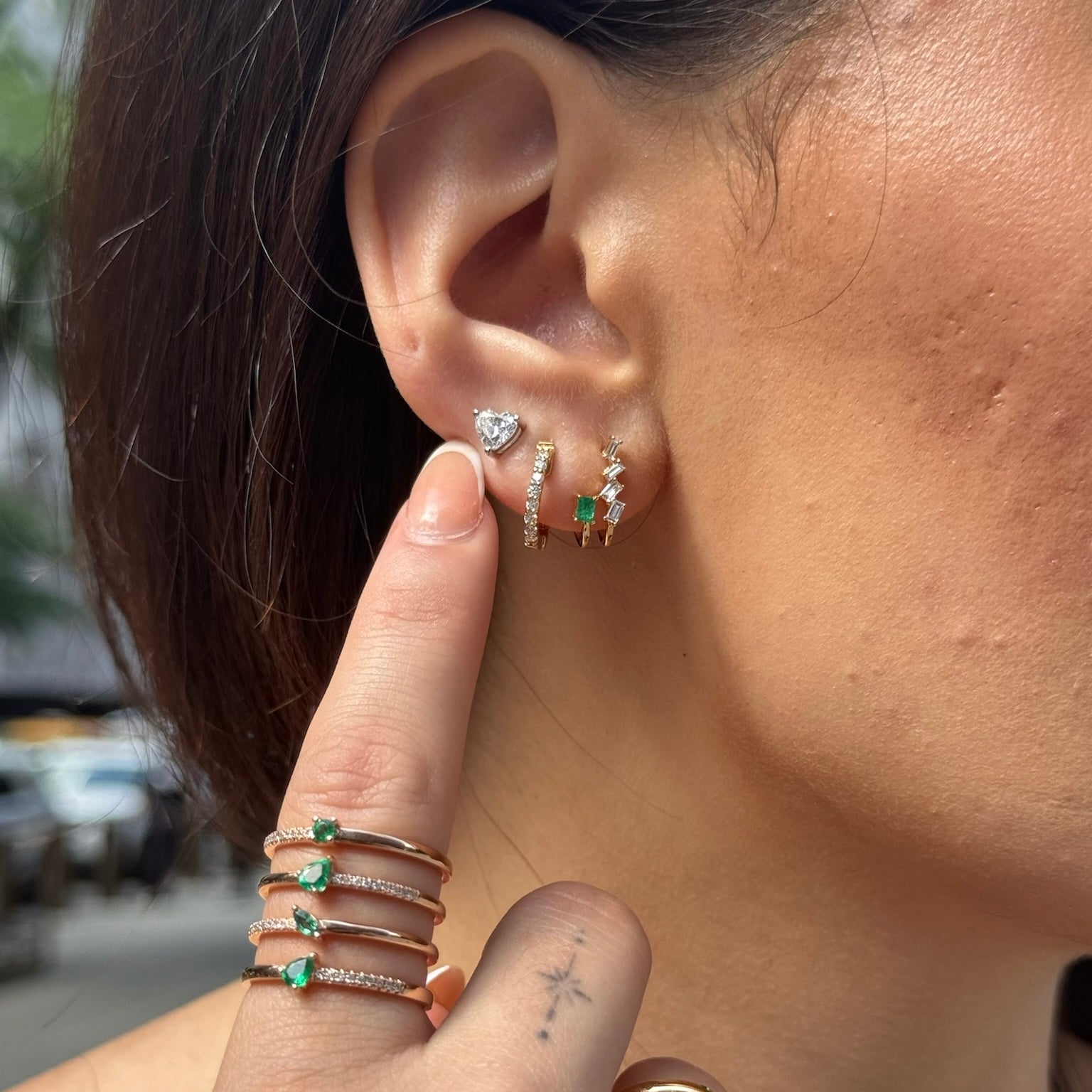 Floating Baguette and Green Emerald Earrings