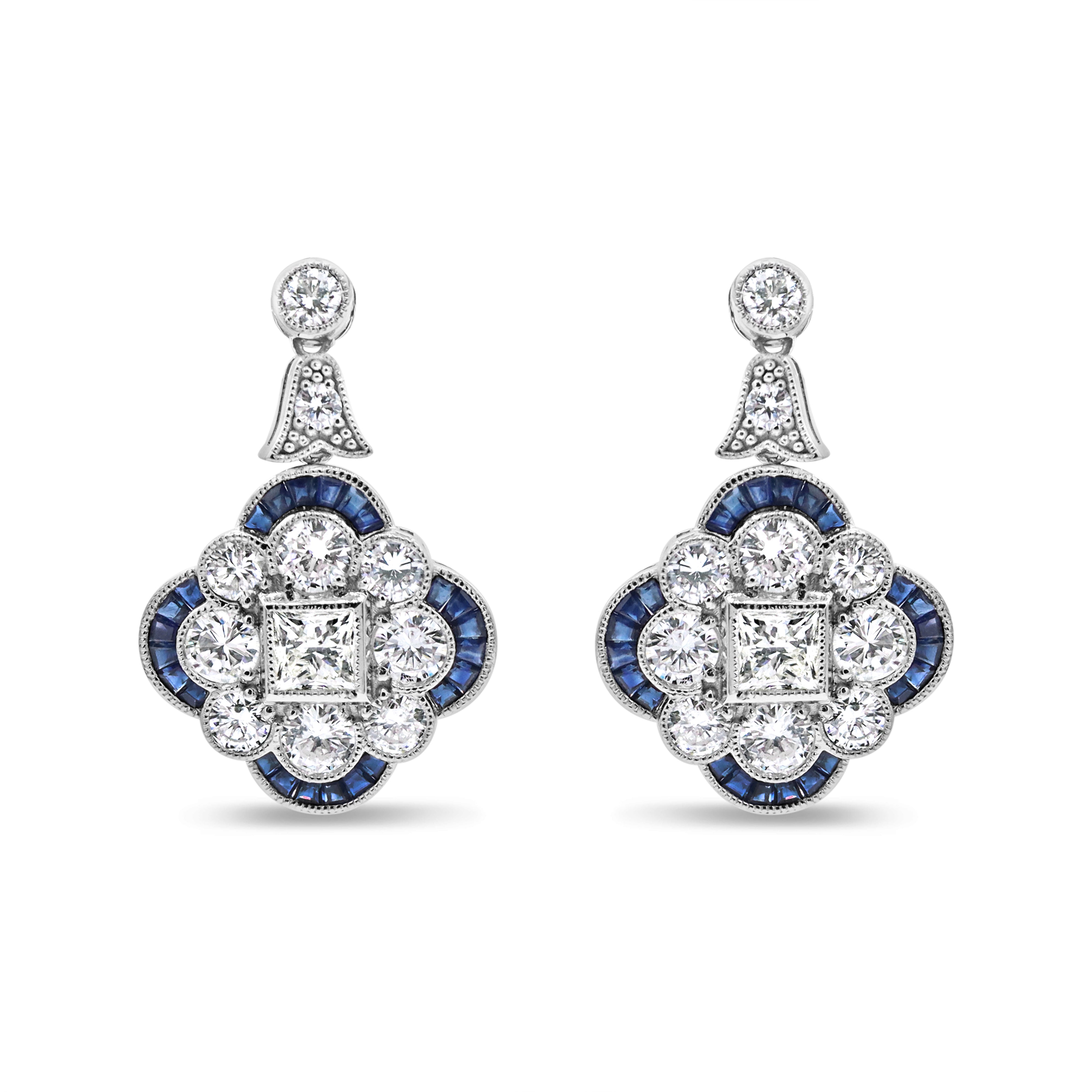 Blue Sapphire and Diamond Clover Drop Earrings