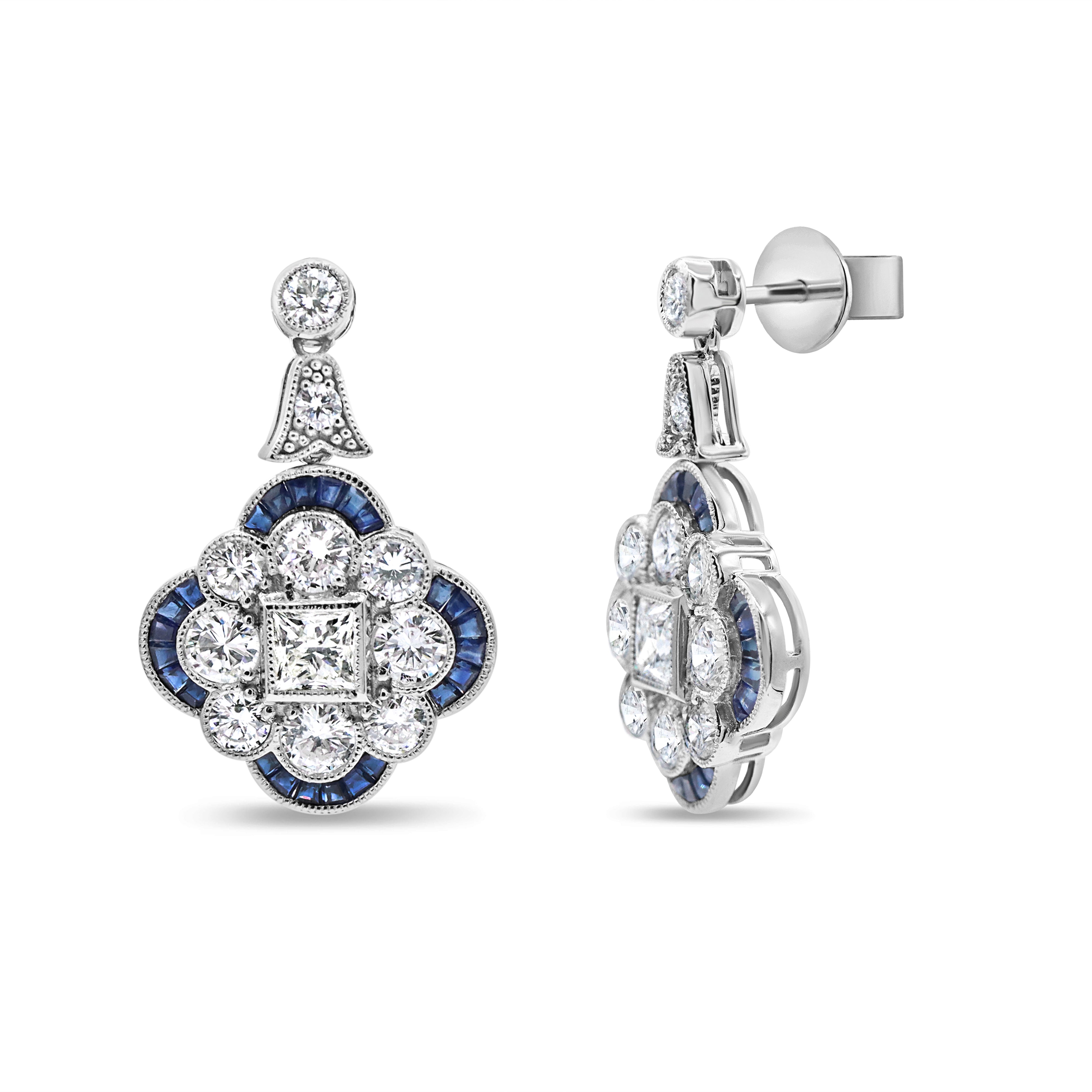 Blue Sapphire and Diamond Clover Drop Earrings