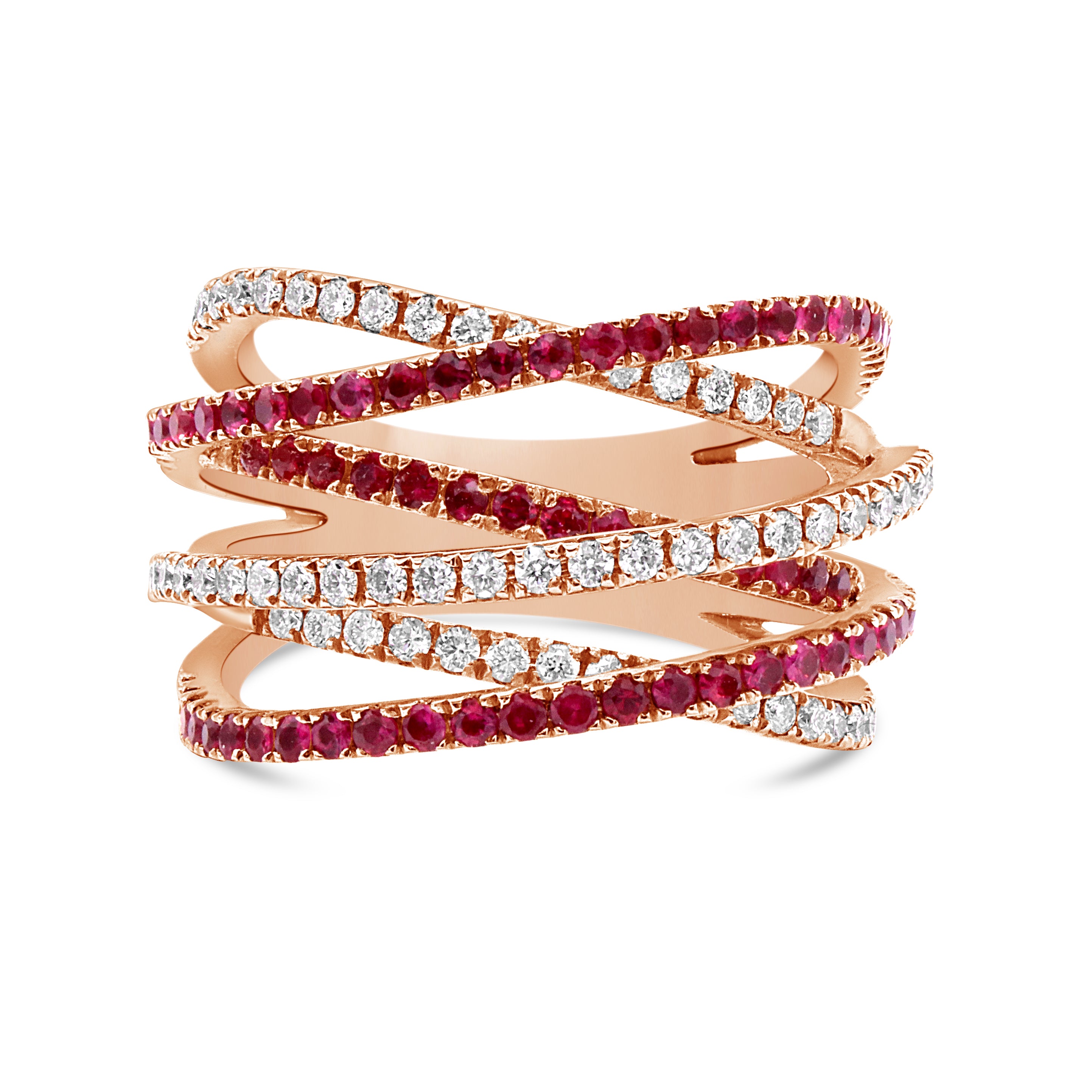 Multi-Row Ruby and Diamond Ring in 18K Rose Gold with Pavé Diamonds Front