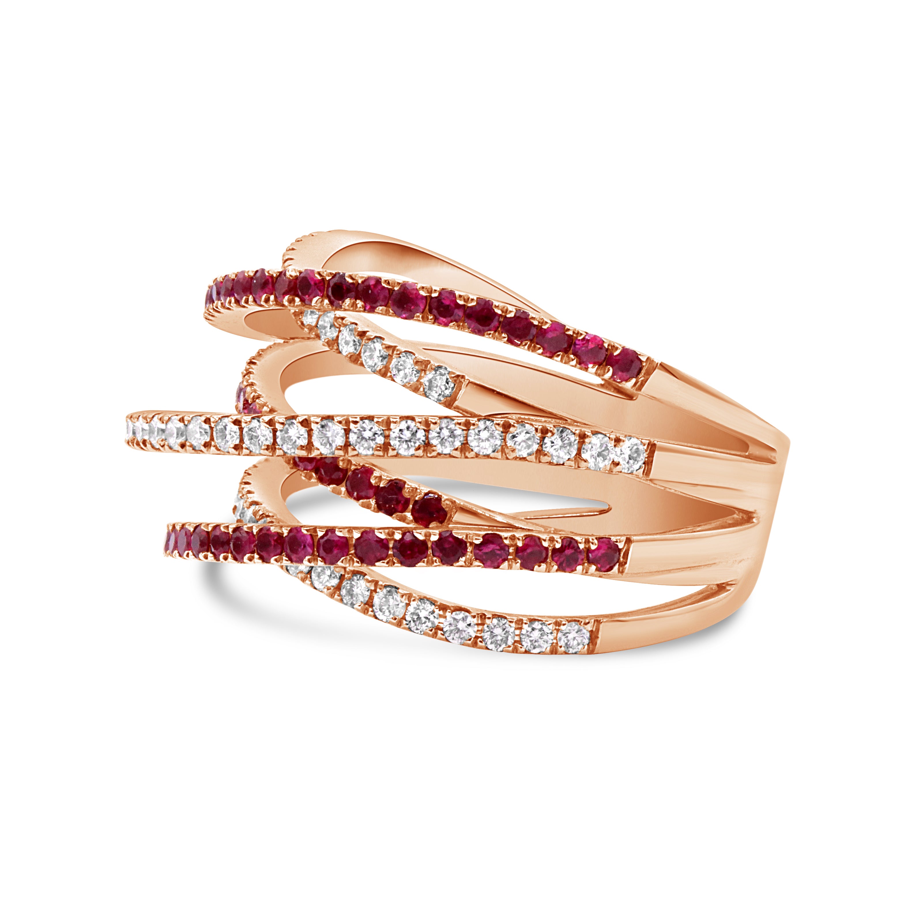 Multi-Row Ruby and Diamond Ring in 18K Rose Gold with Pavé Diamonds Side