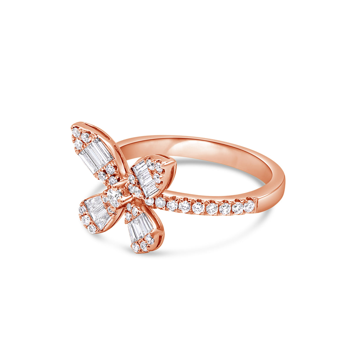 A rose gold ring designed in the shape of a butterfly, with round and baguette cut diamonds covering the top.