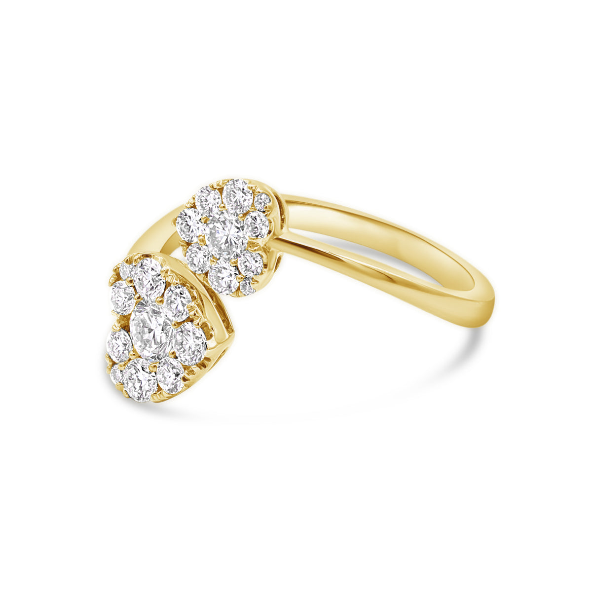A yellow gold ring with two heart-shaped main stones, surrounded by smaller round stones.