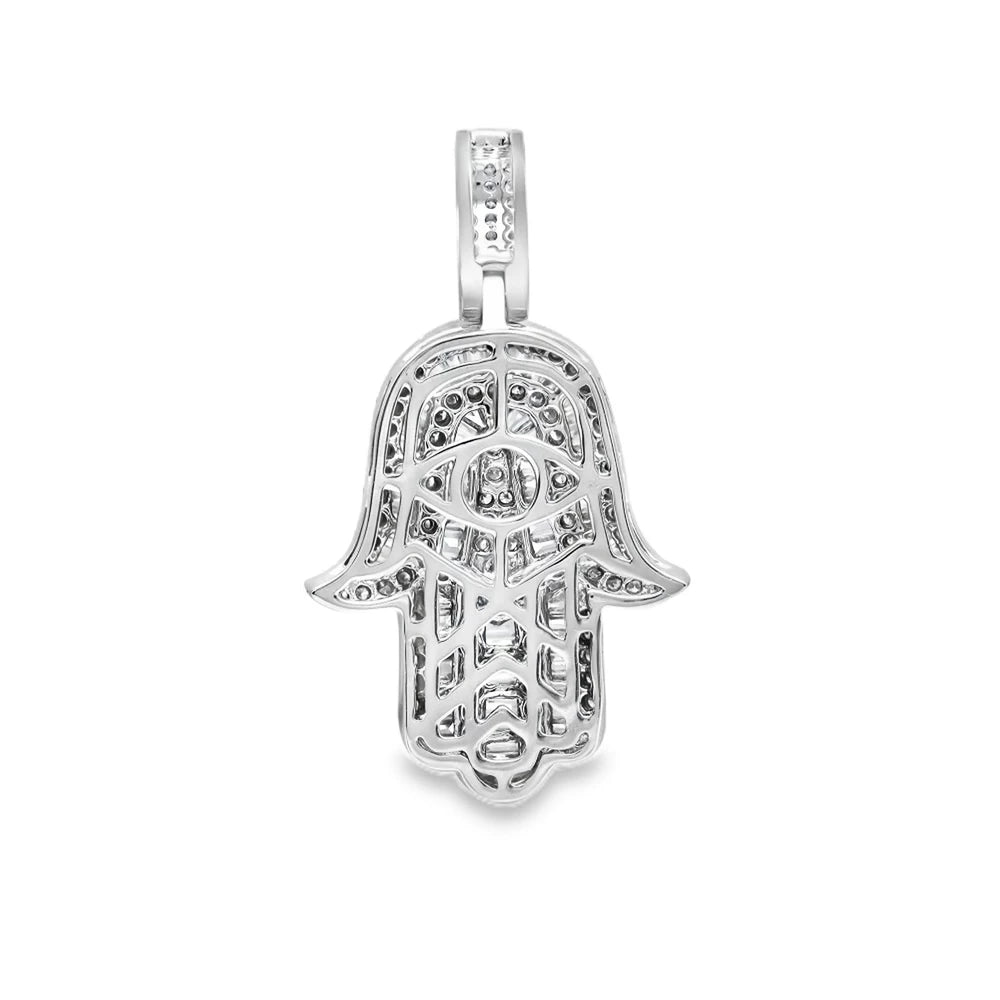 18K white gold Hamsa pendant featuring round and baguette diamonds with approximately 0.76 carats total weight.