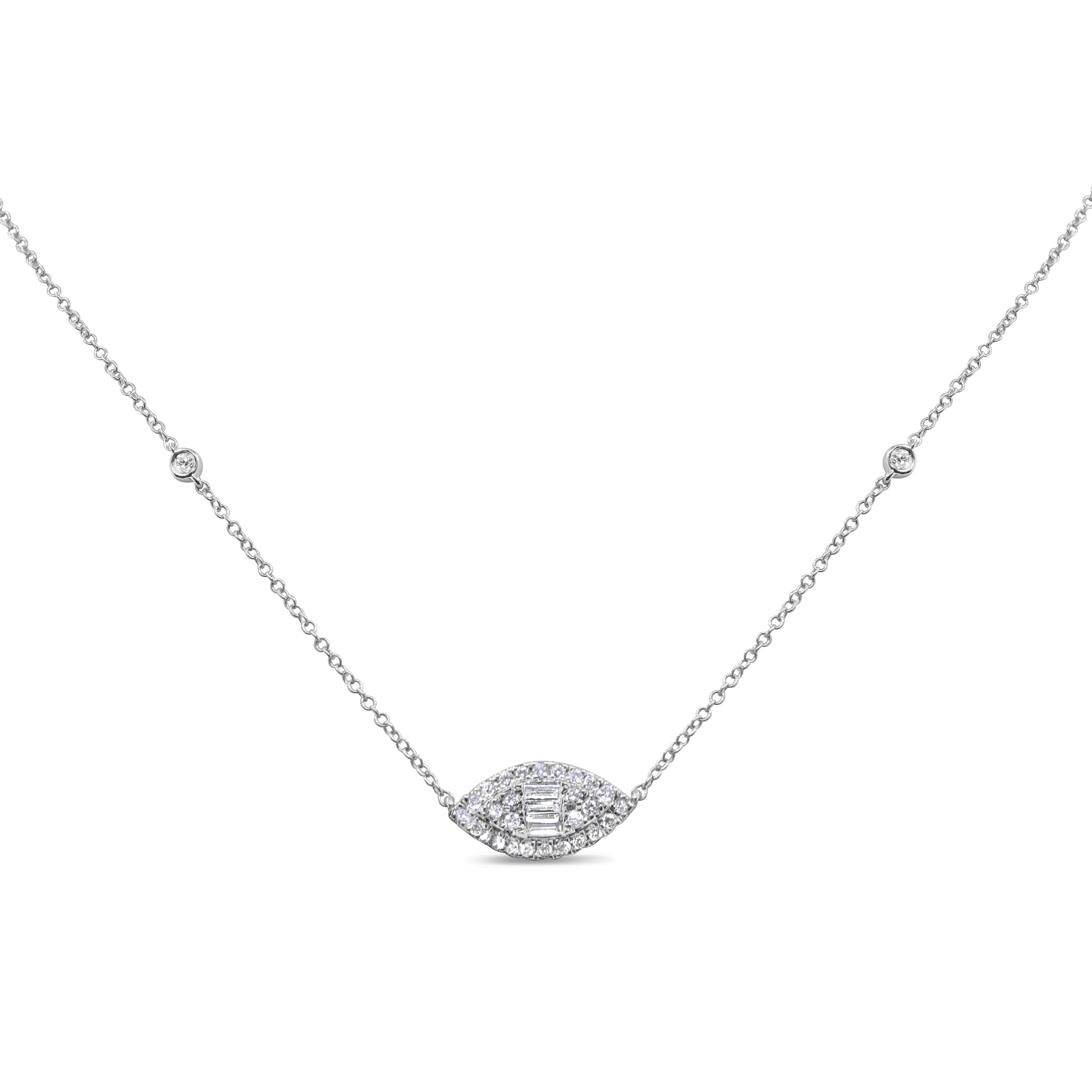 Baguette and round diamond cluster marquise pendant in 14K gold featuring prong-set diamonds in an elegant, modern design.