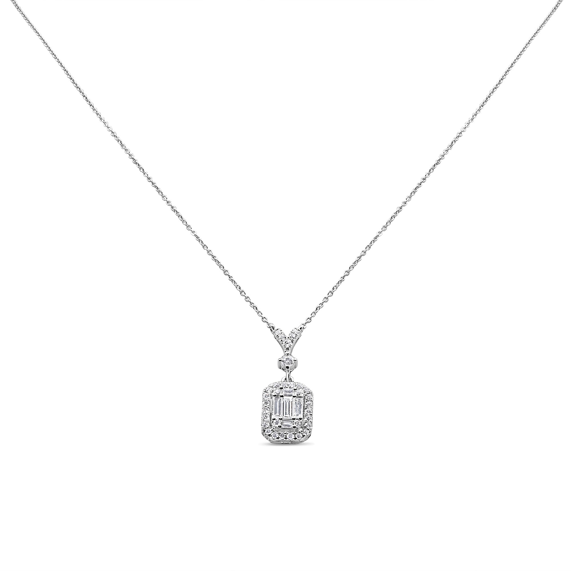 Baguette and round diamond necklace in 14K gold featuring a rectangular drop pendant with halo detailing in an elegant design.