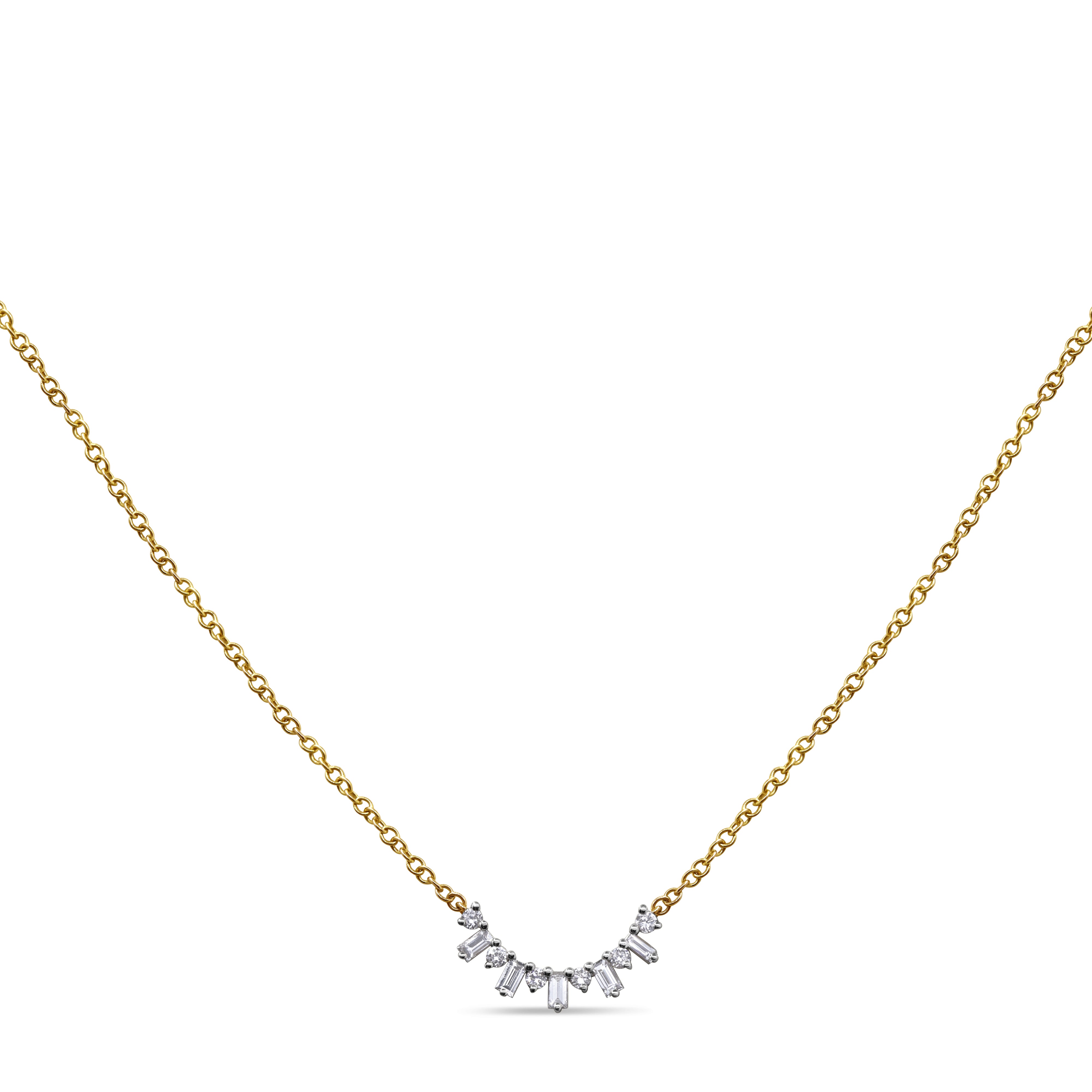 14K gold layering pendant featuring baguette and round natural diamonds in a curved bar design.