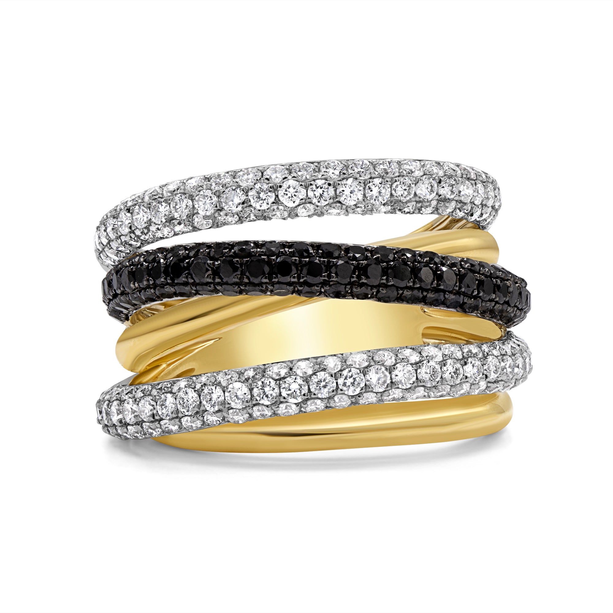Bold black and white diamond band in 14K gold with a multi-row prong-set design.