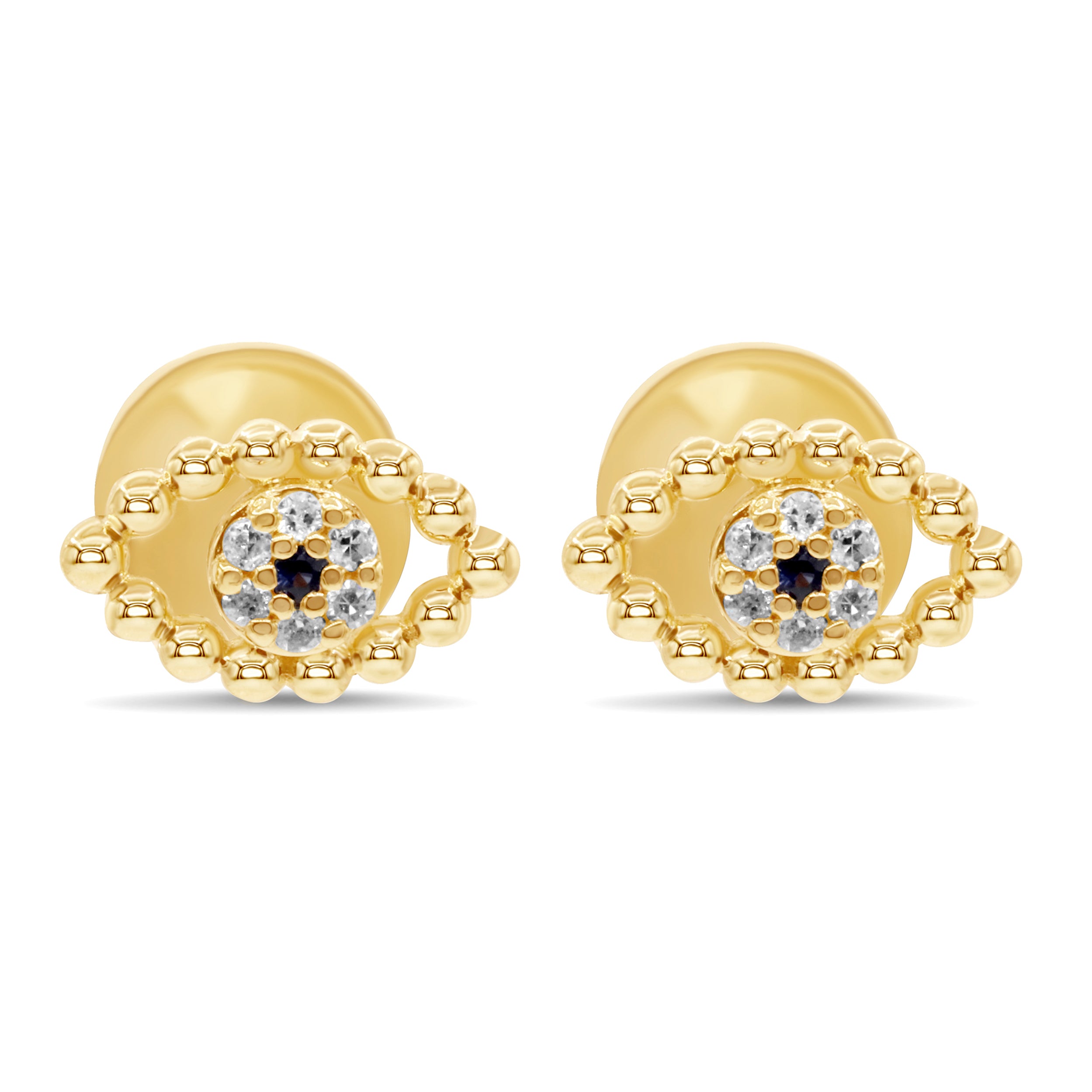 Evil eye stud earrings in 14K gold featuring blue sapphires and round diamonds in a beaded symbolic design.