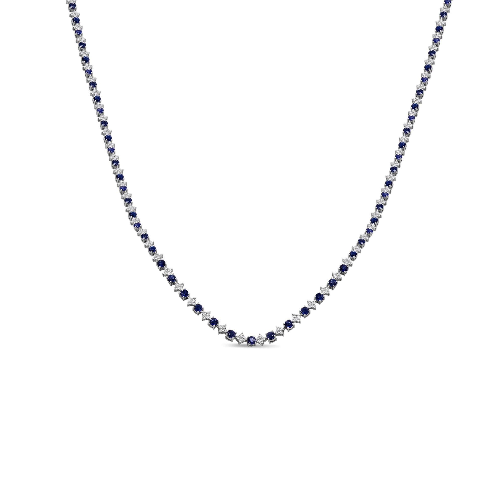 18K gold necklace featuring alternating blue sapphires and round diamonds in a refined statement design.