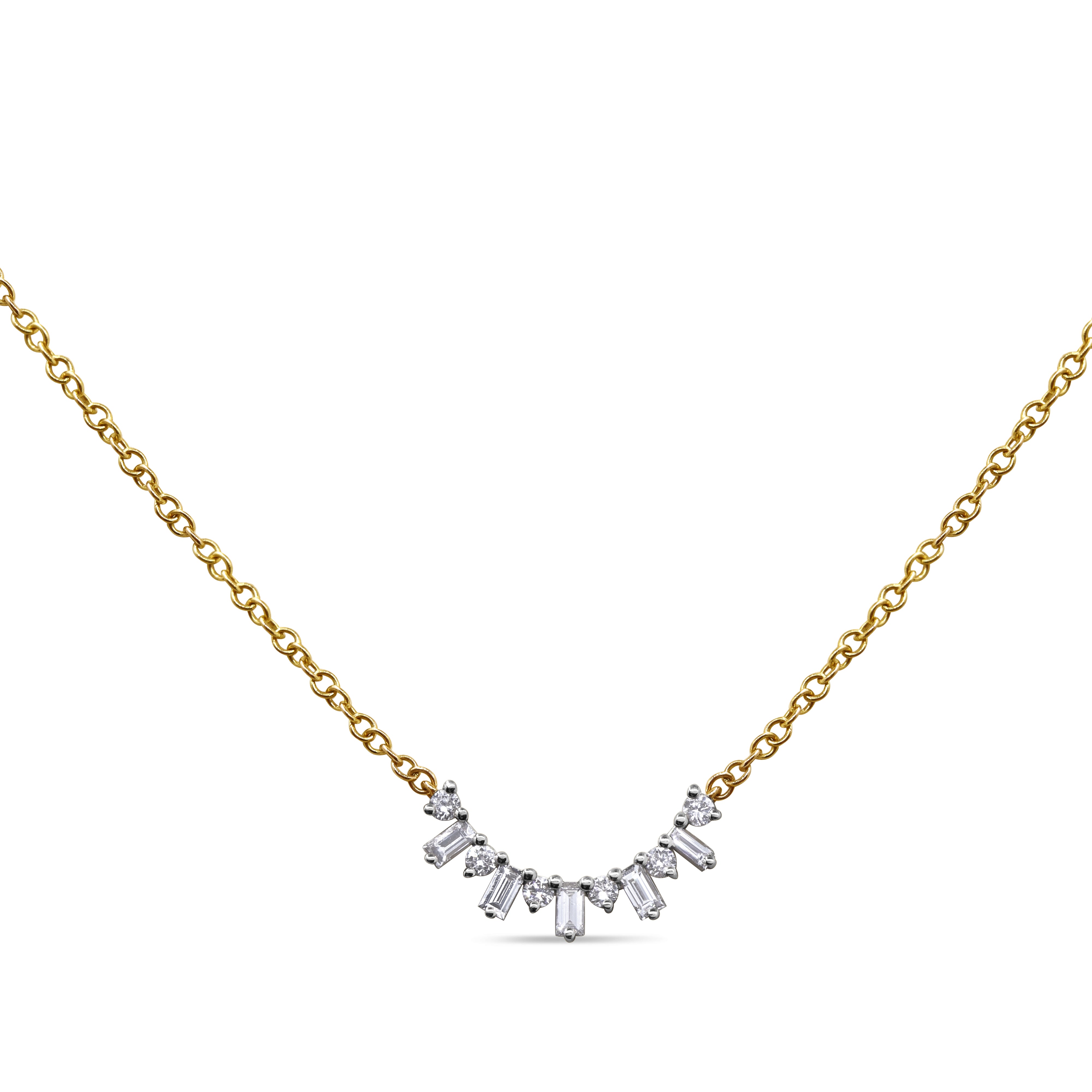 Baguette and round diamond layering pendant in 14K gold featuring a curved prong-set diamond bar design.