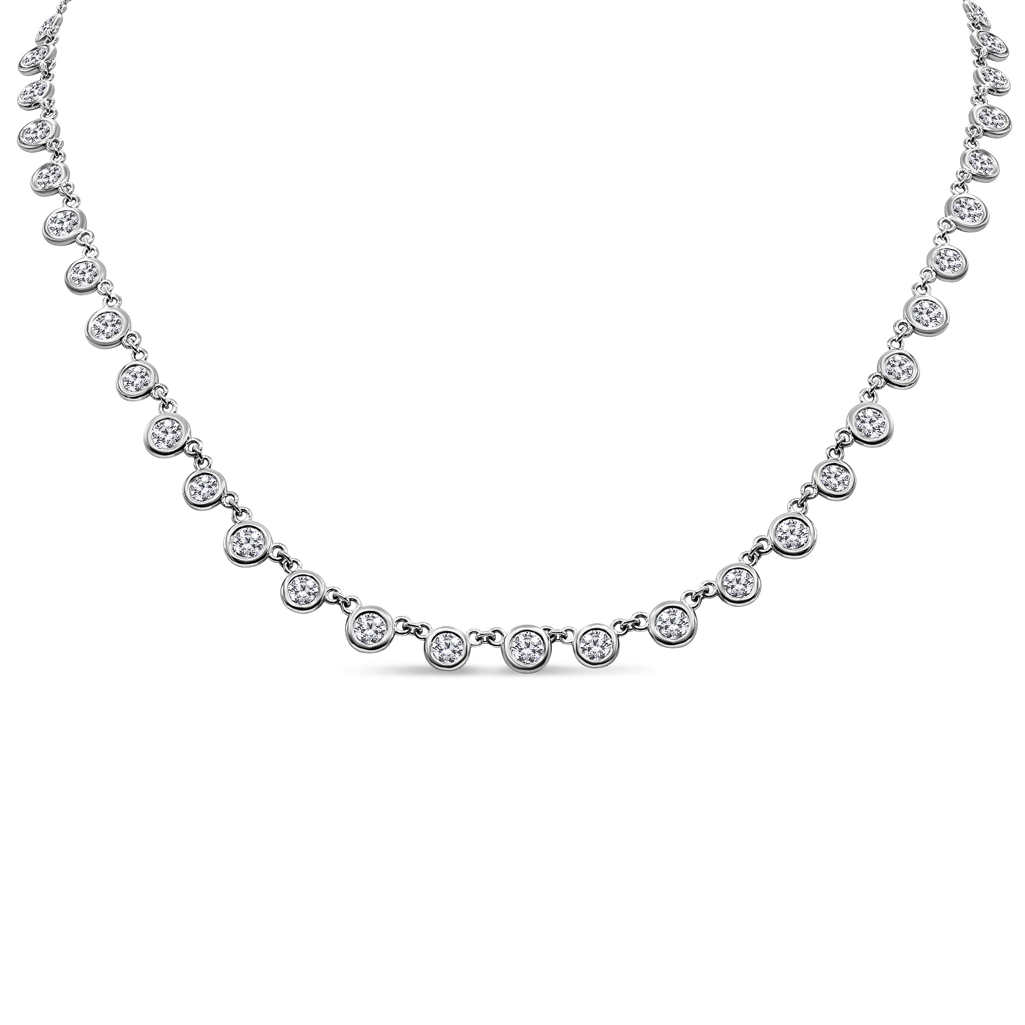 Elegant bezel-set diamond line necklace with round diamonds totaling 4.55 carats in 14K gold.