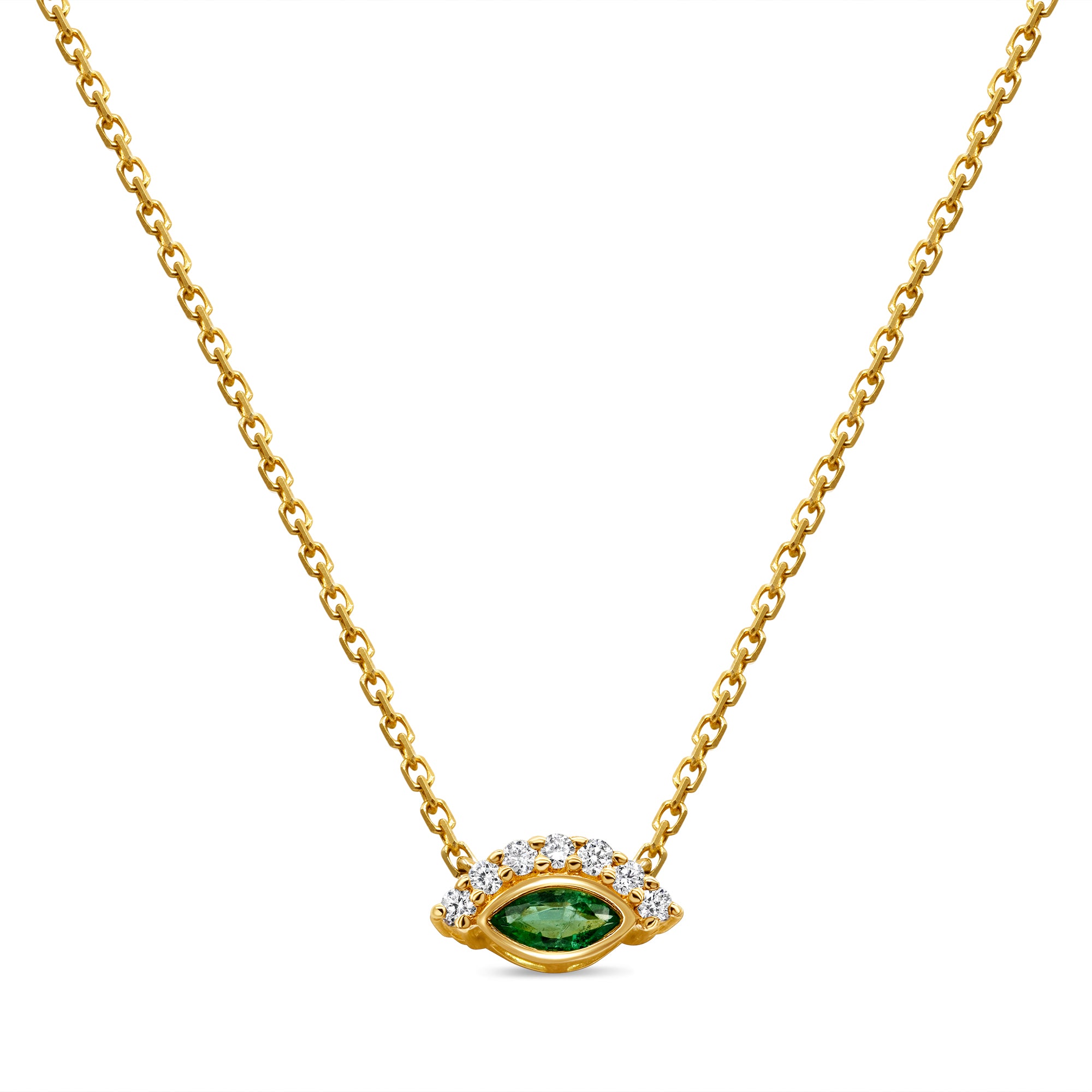 14K gold eye pendant featuring a green emerald center and round diamond accents in a modern design.